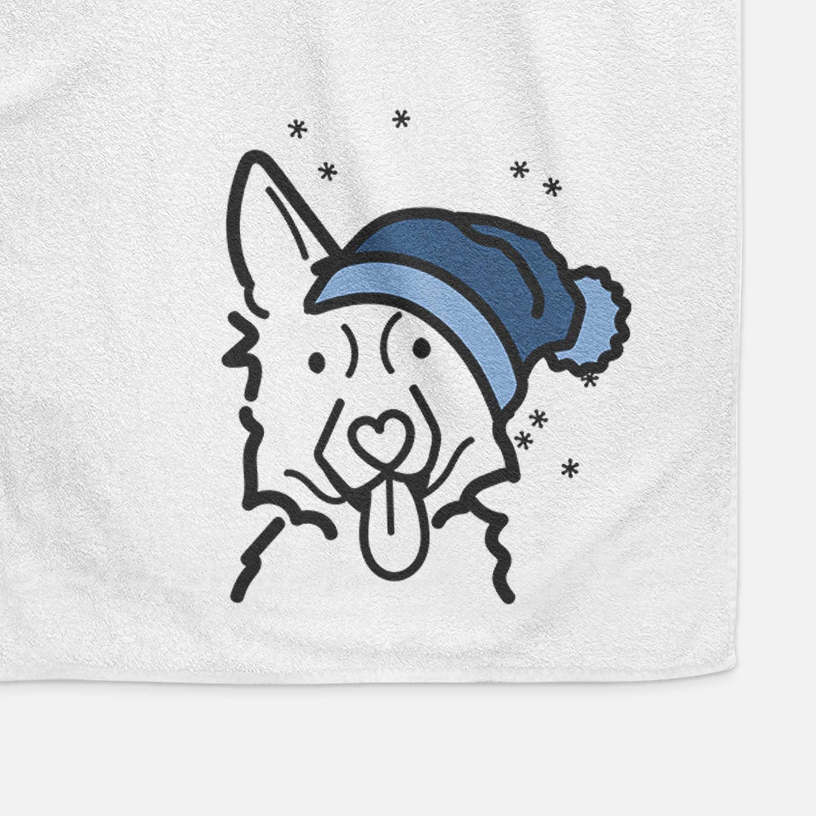 Minimalist line drawing of a German Shepherd wearing a winter beanie on a decorative hand towel