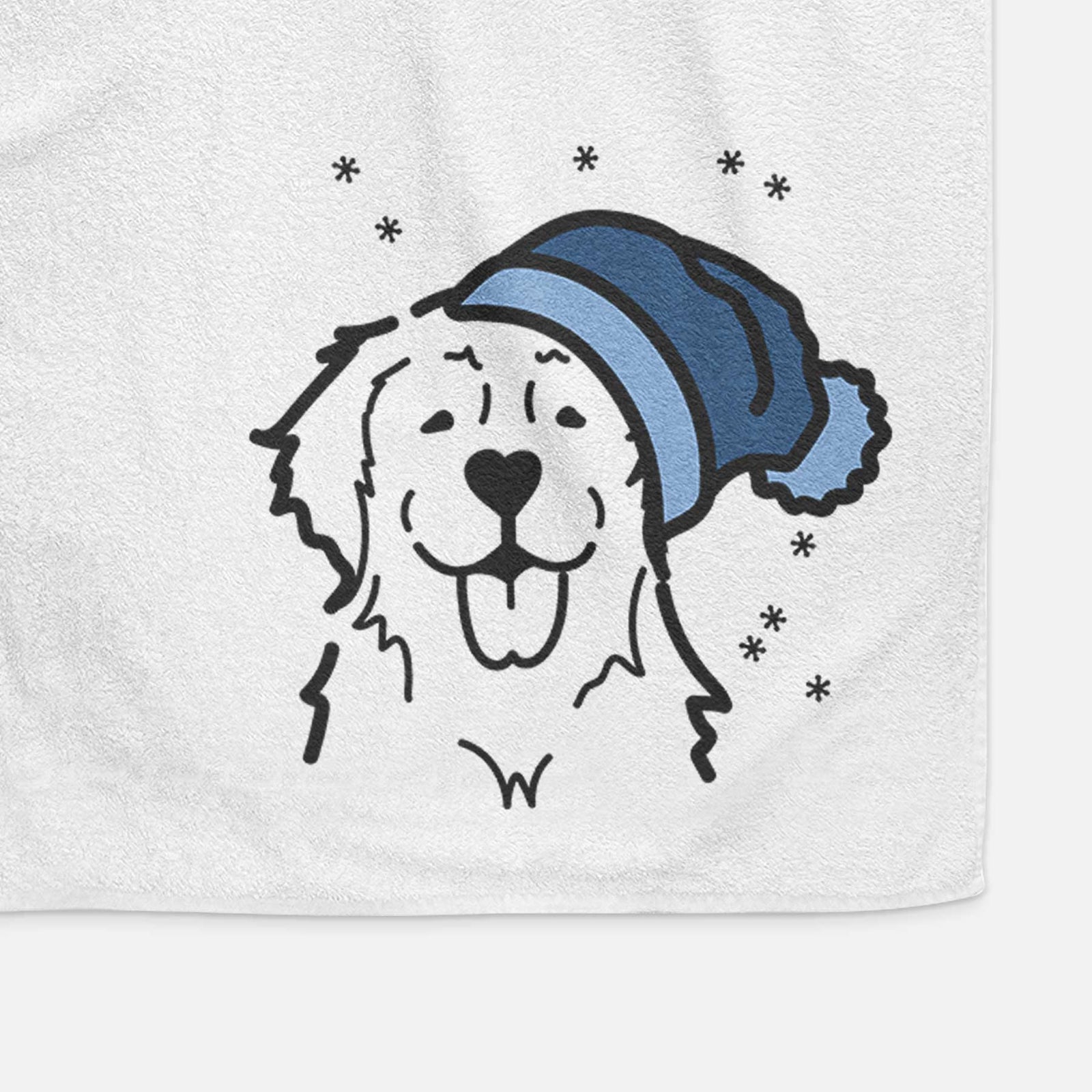 Minimalist line drawing of a Golden Retriever wearing a winter beanie on a decorative hand towel