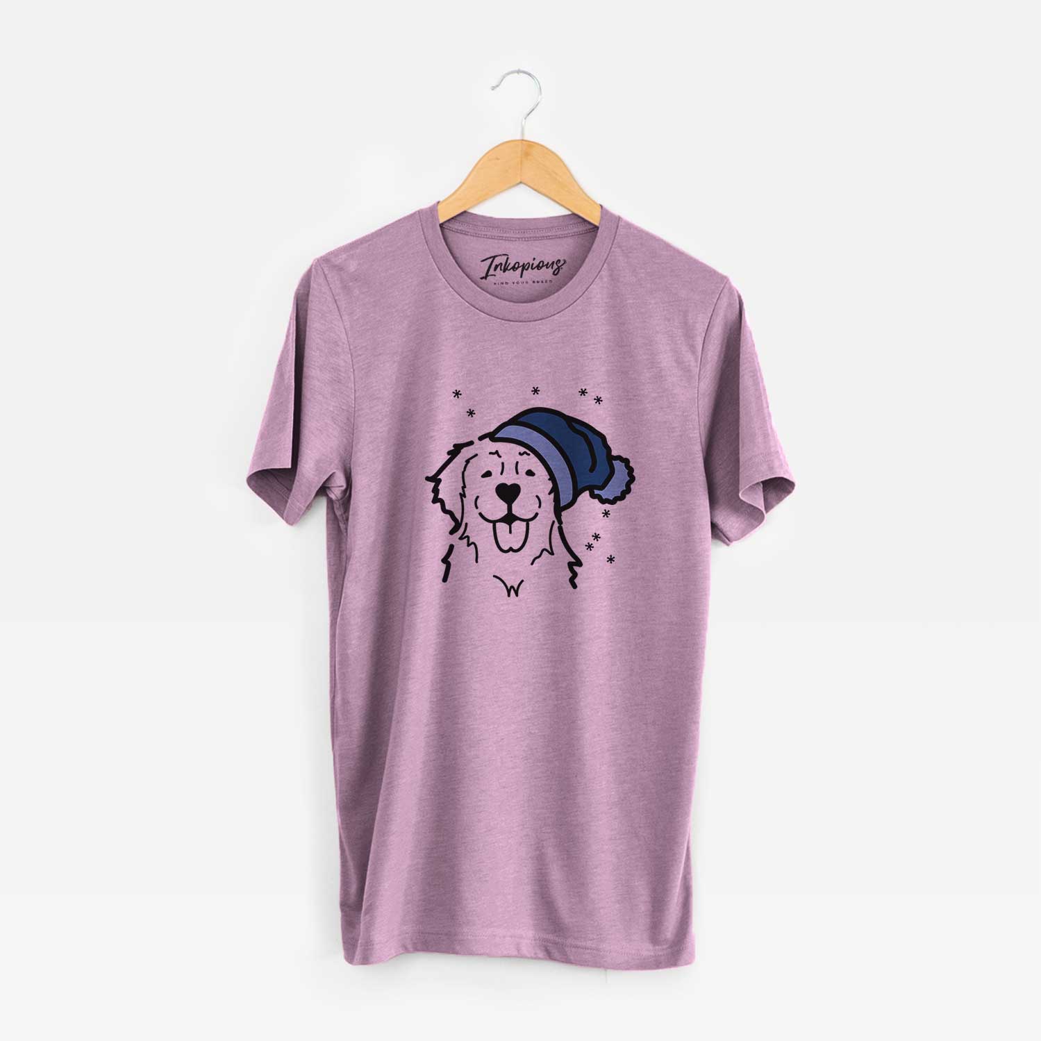 Minimalist line drawing of a Golden Retriever wearing a winter beanie on an Orchid Unisex crewneck