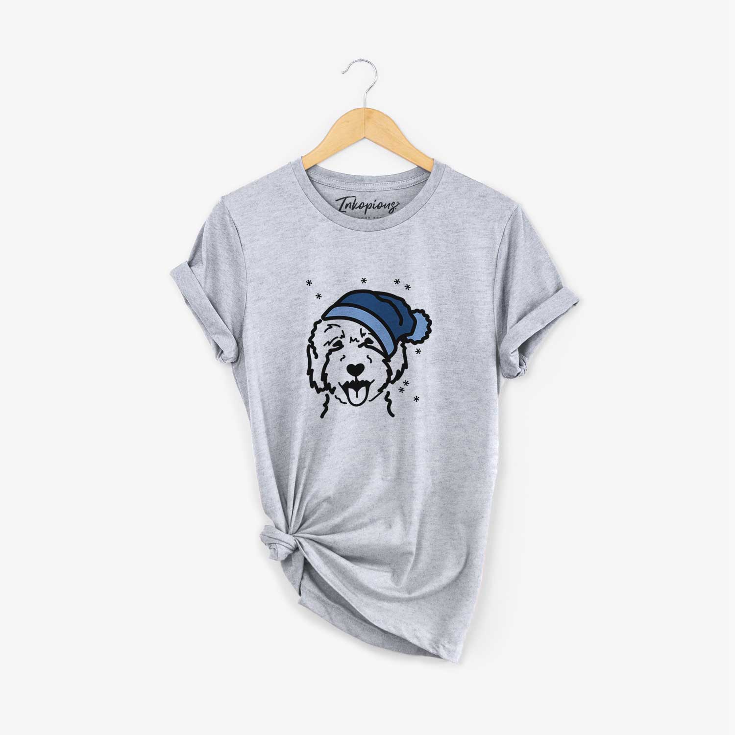 Minimalist line drawing of a Goldendoodle 2 wearing a winter beanie on a Grey Unisex crewneck