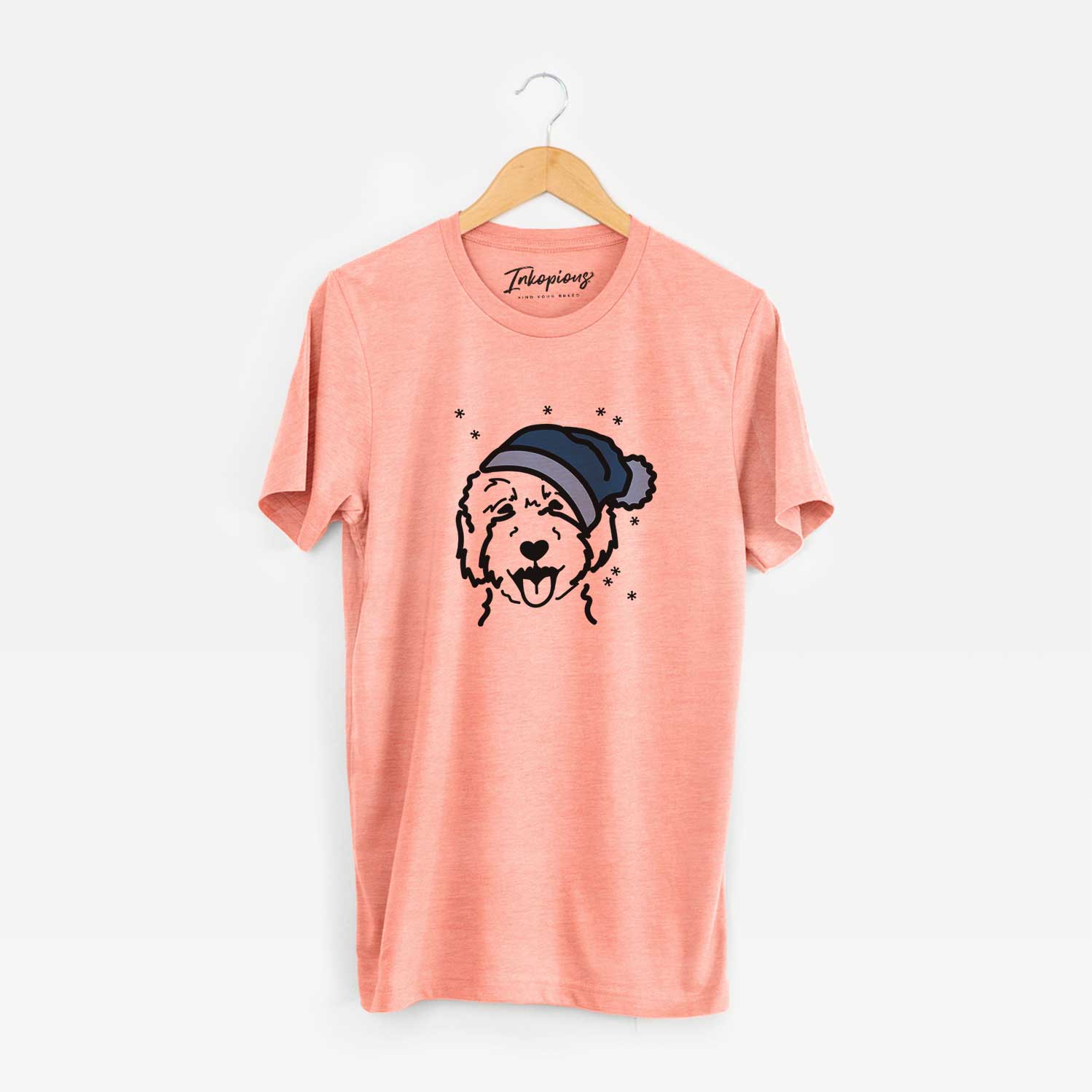 Minimalist line drawing of a Goldendoodle 2 wearing a winter beanie on a Sunset Unisex crewneck