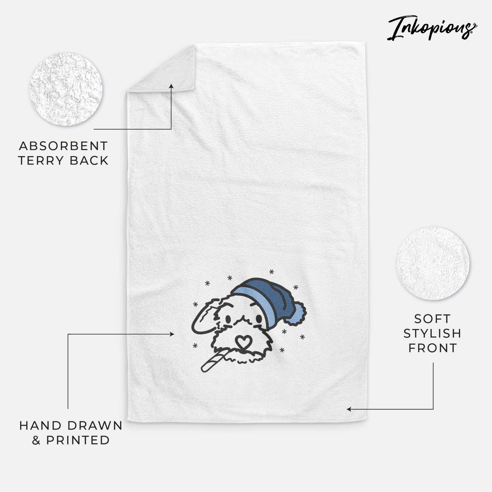 Minimalist line drawing of Gomer the Poodle Mix wearing a winter beanie on a decorative hand towel