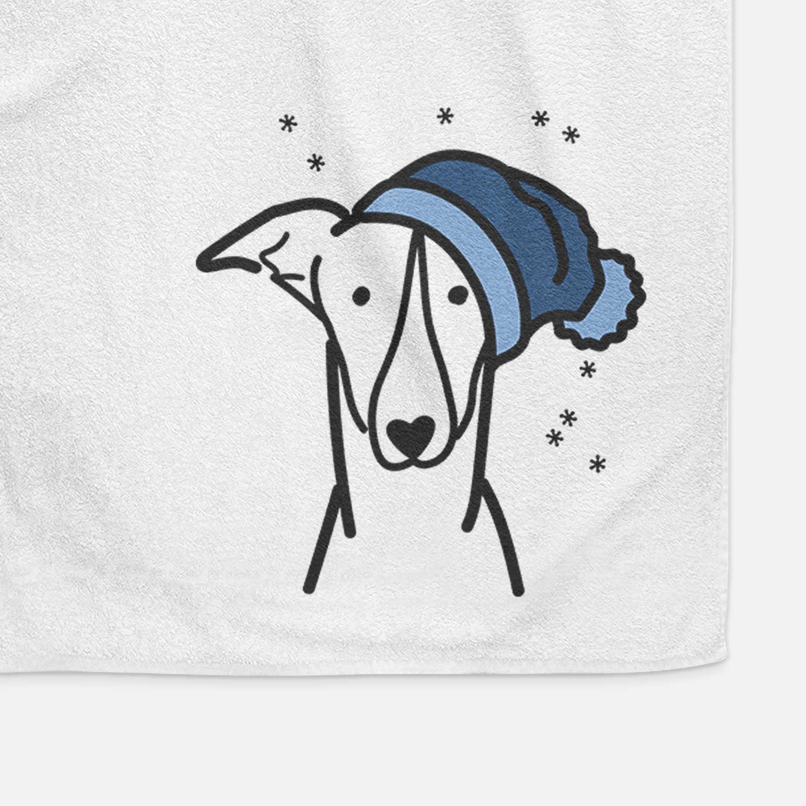 Minimalist line drawing of a Greyhound wearing a winter beanie on a decorative hand towel
