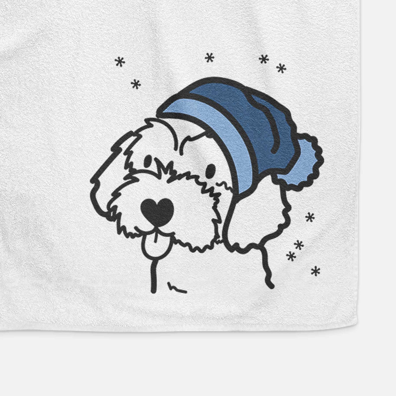 Minimalist line drawing of a Havapoo wearing a winter beanie on a decorative hand towel