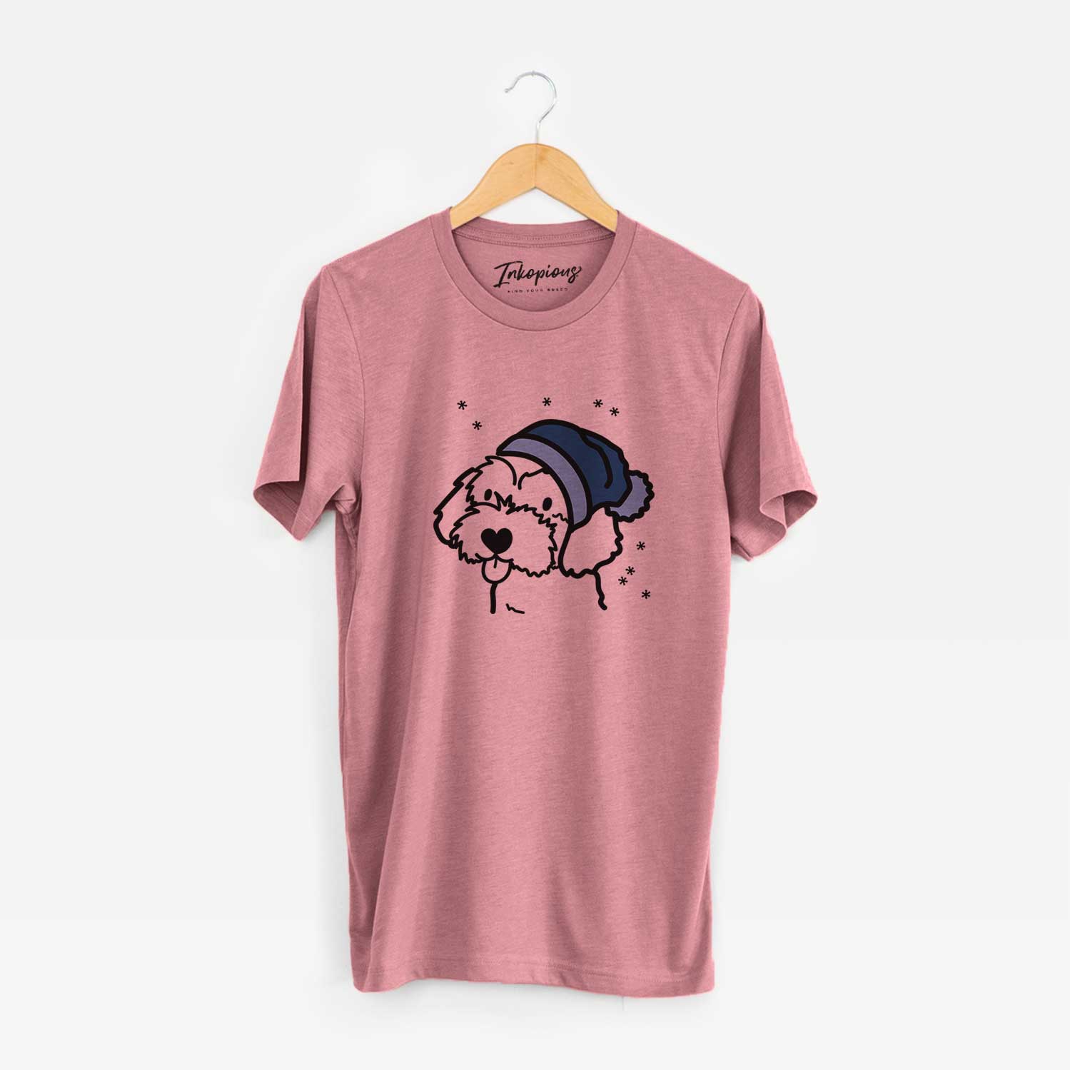 Minimalist line drawing of a Havapoo wearing a winter beanie on a Mauve Unisex crewneck