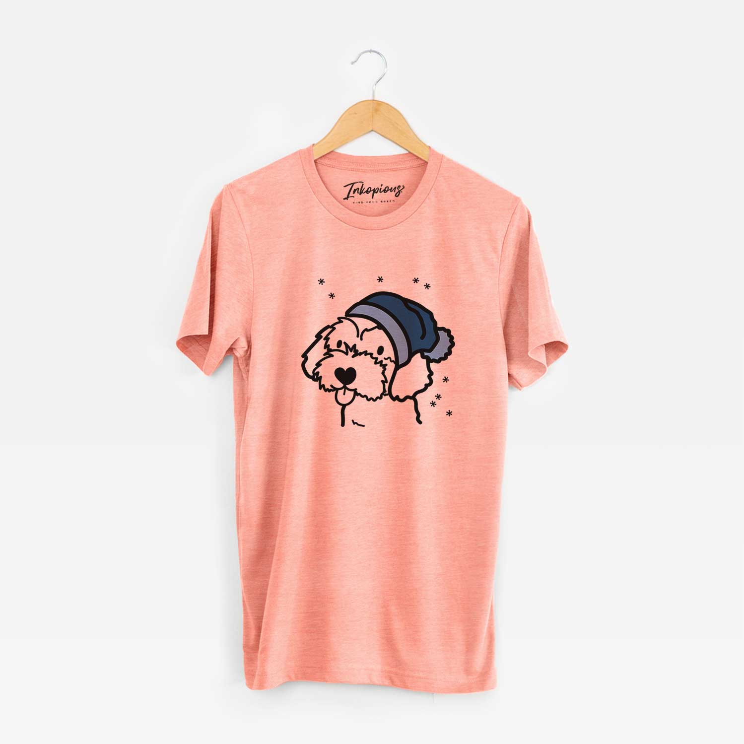 Minimalist line drawing of a Havapoo wearing a winter beanie on a Sunset Unisex crewneck