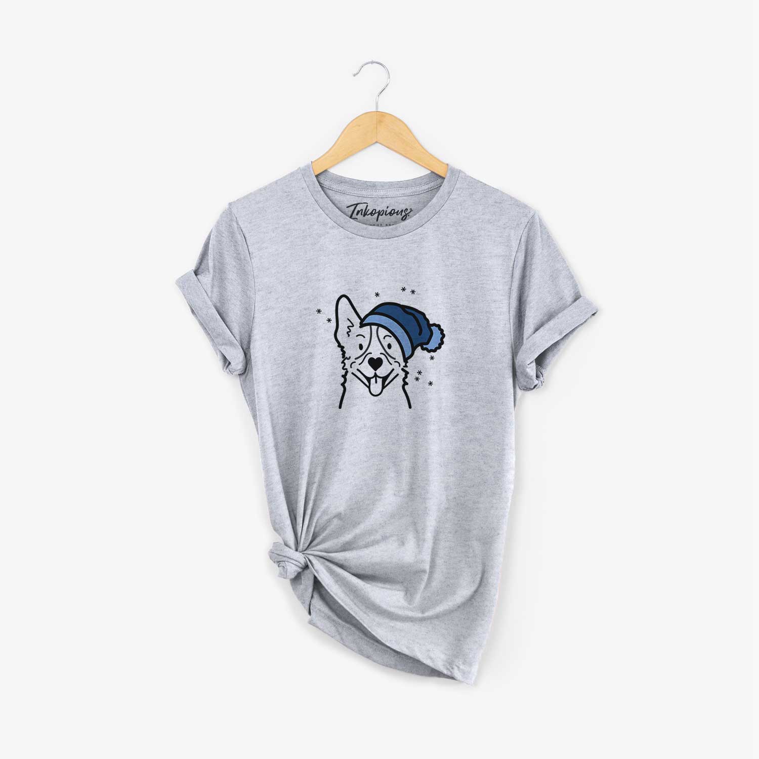 Minimalist line drawing of a Heeler wearing a winter beanie on a Grey Unisex crewneck