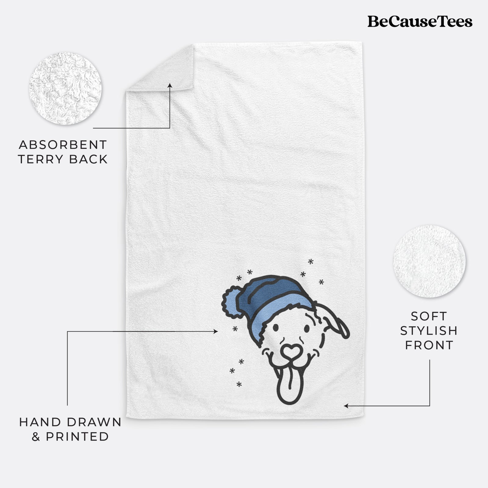 Minimalist line drawing of Hemi the Pitbull Mix wearing a winter beanie on a decorative hand towel