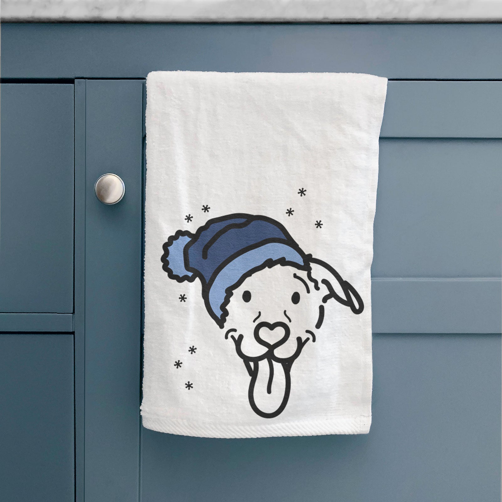 Minimalist line drawing of Hemi the Pitbull Mix wearing a winter beanie on a decorative hand towel