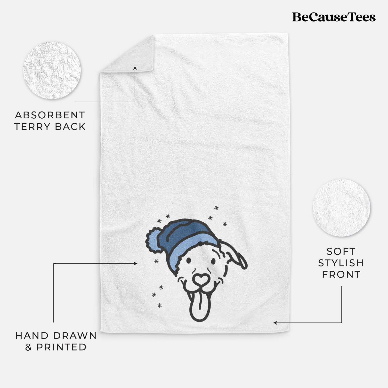 Minimalist line drawing of Hemi the Pitbull Mix wearing a winter beanie on a decorative hand towel