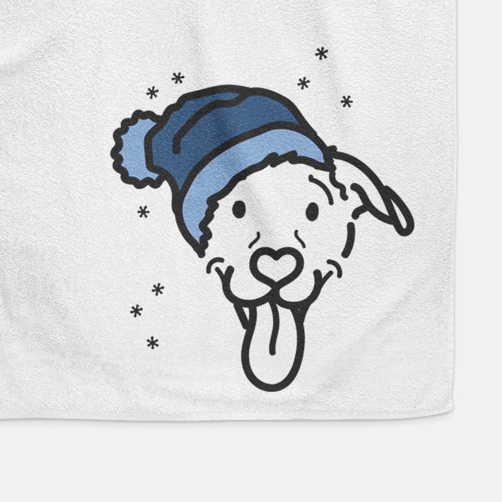 Minimalist line drawing of Hemi the Pitbull Mix wearing a winter beanie on a decorative hand towel