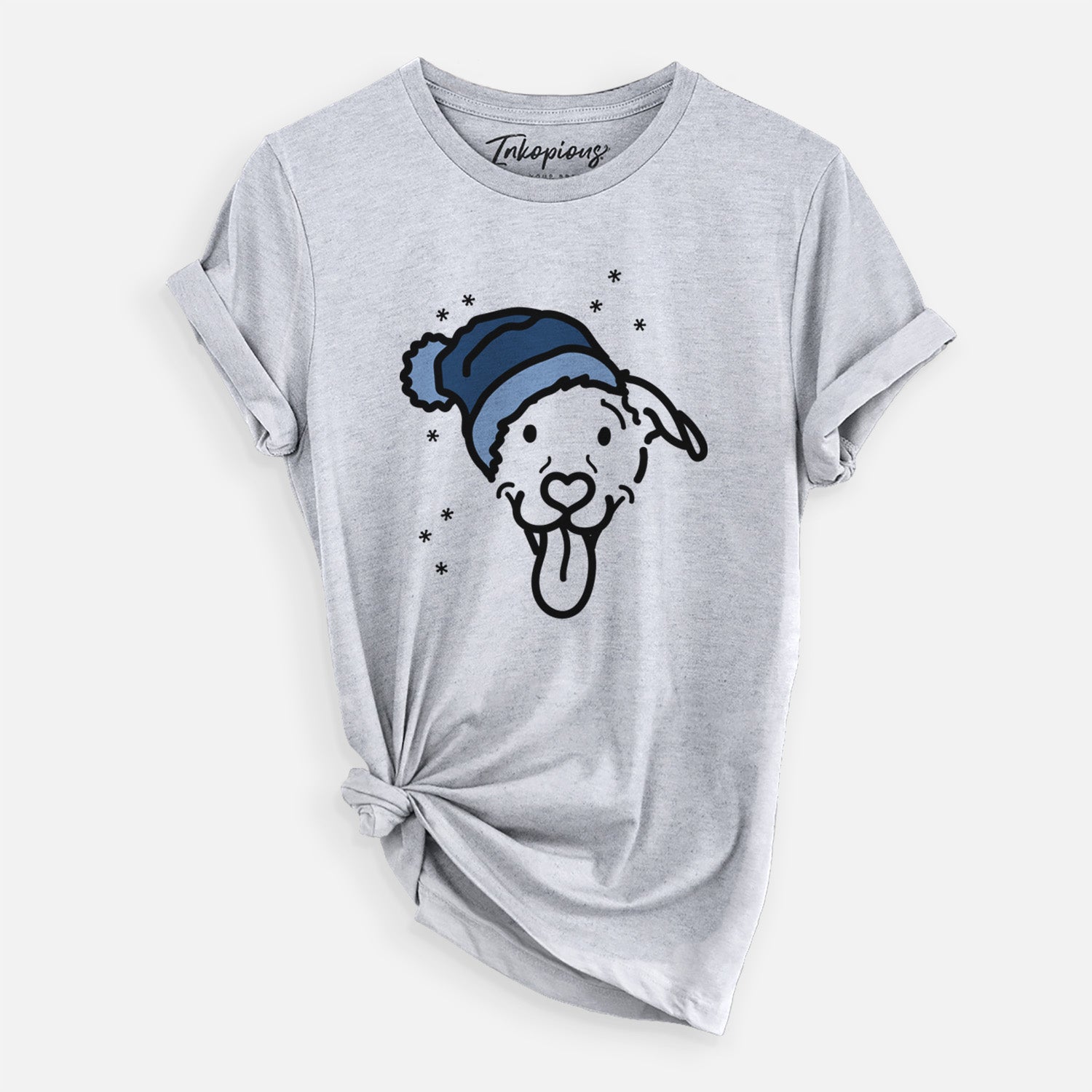 Minimalist line drawing of Hemi the Pitbull Mix wearing a winter beanie on a Grey Unisex crewneck