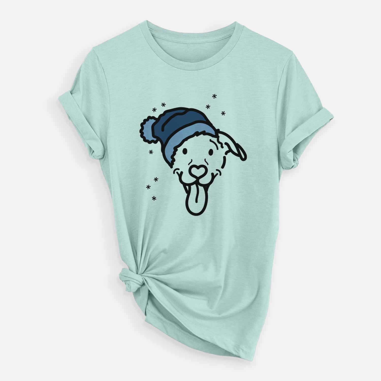 Minimalist line drawing of Hemi the Pitbull Mix wearing a winter beanie on a Heather Sage Unisex crewneck