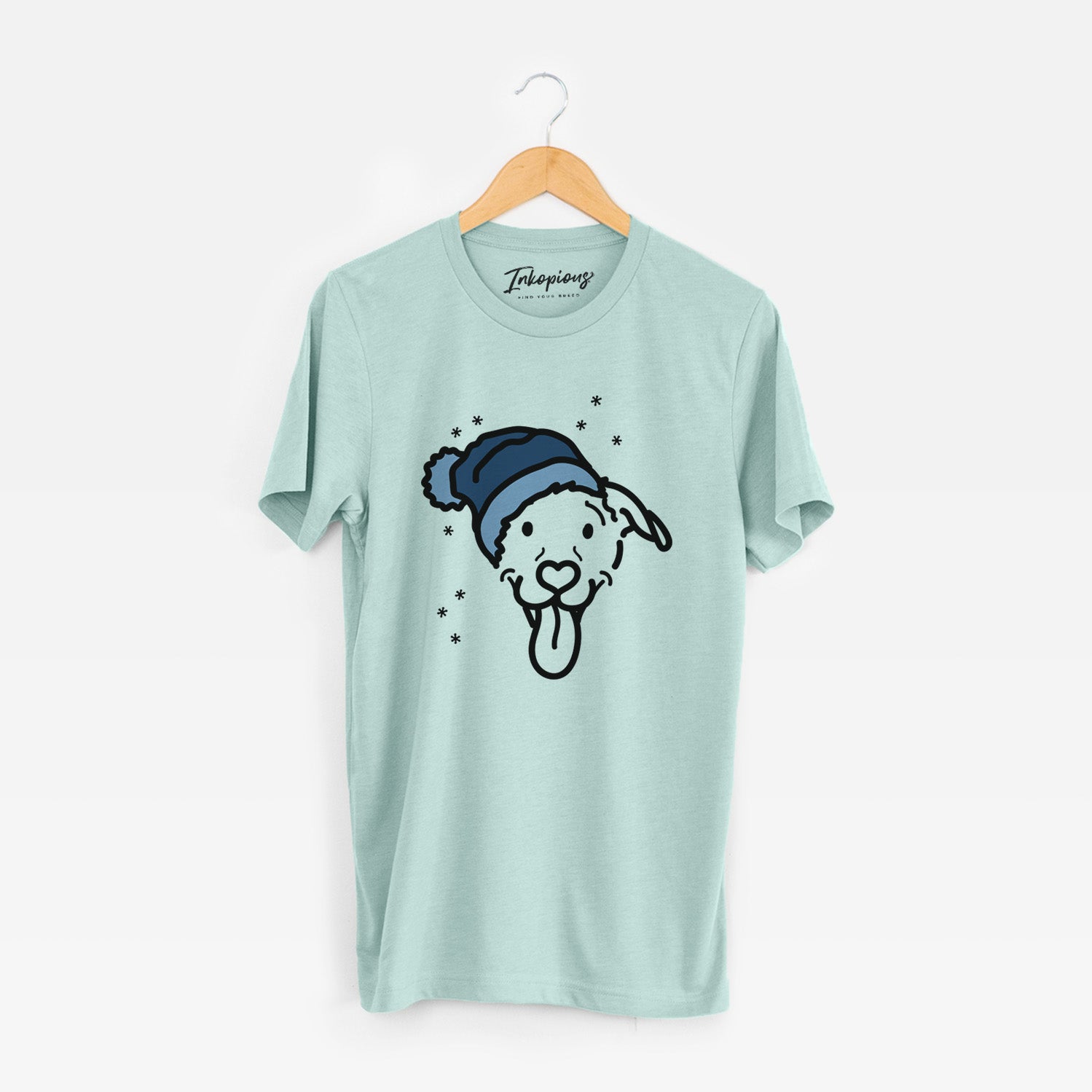 Minimalist line drawing of Hemi the Pitbull Mix wearing a winter beanie on a Heather Sage Unisex crewneck