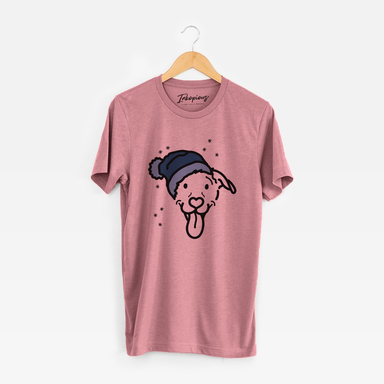 Minimalist line drawing of Hemi the Pitbull Mix wearing a winter beanie on a Mauve Unisex crewneck