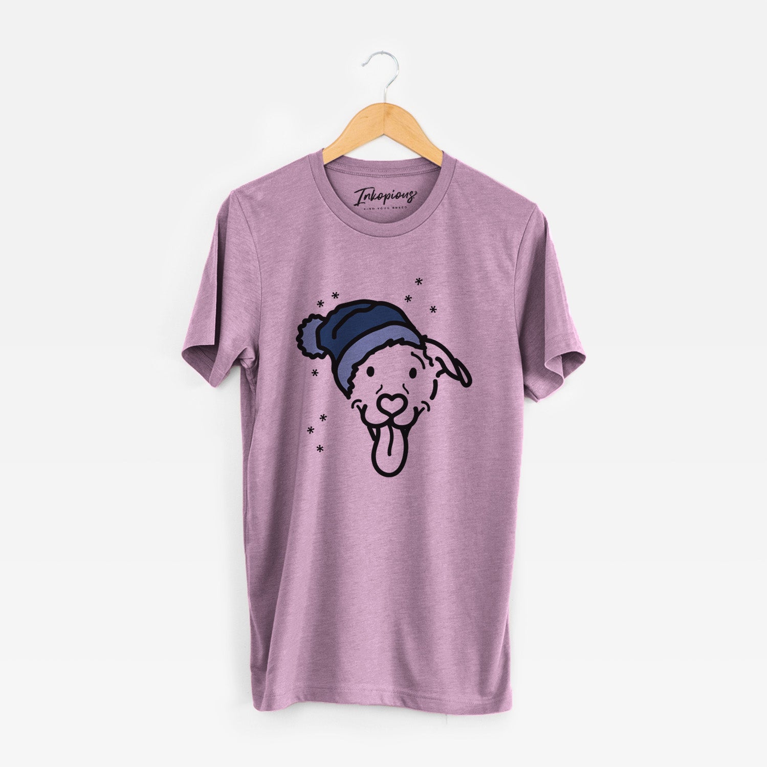 Minimalist line drawing of Hemi the Pitbull Mix wearing a winter beanie on an Orchid Unisex crewneck
