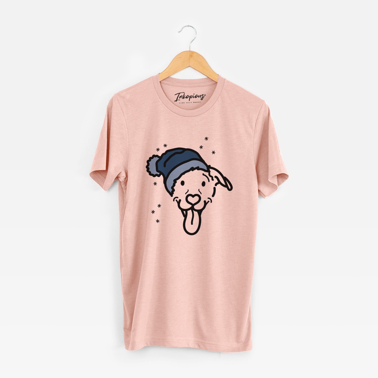 Minimalist line drawing of Hemi the Pitbull Mix wearing a winter beanie on a Peach Unisex crewneck