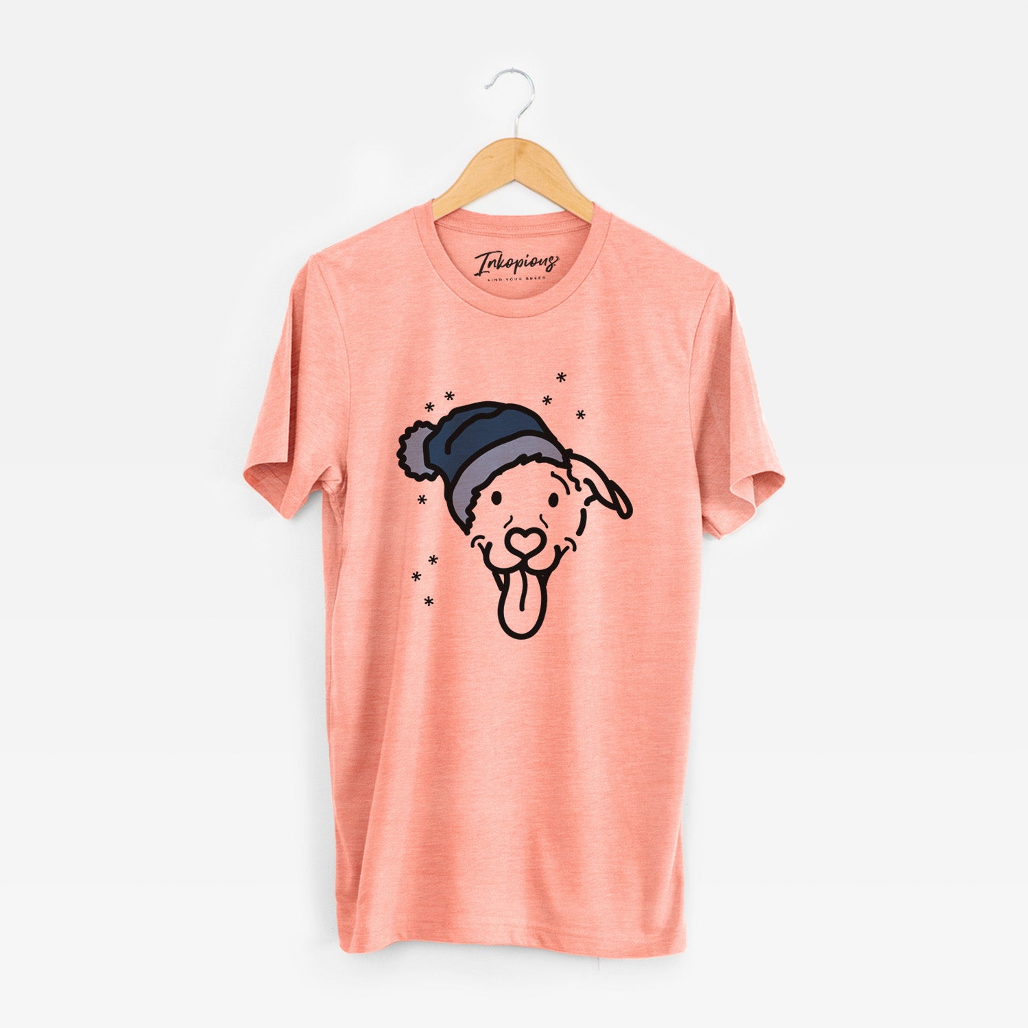 Minimalist line drawing of Hemi the Pitbull Mix wearing a winter beanie on a Sunset Unisex crewneck
