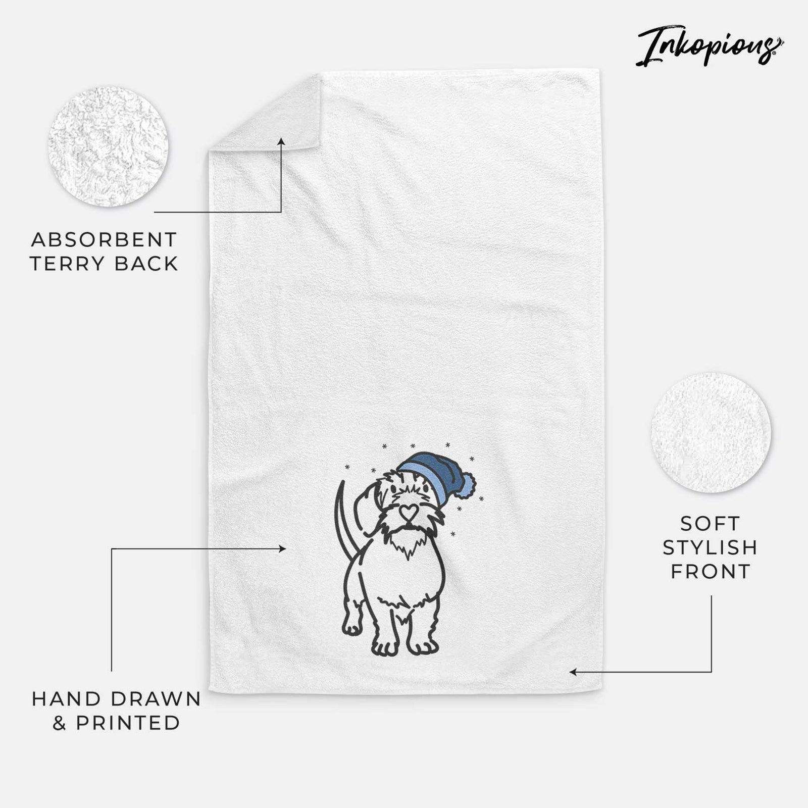 Minimalist line drawing of Henry the Wire Dachshund wearing a winter beanie on a decorative hand towel