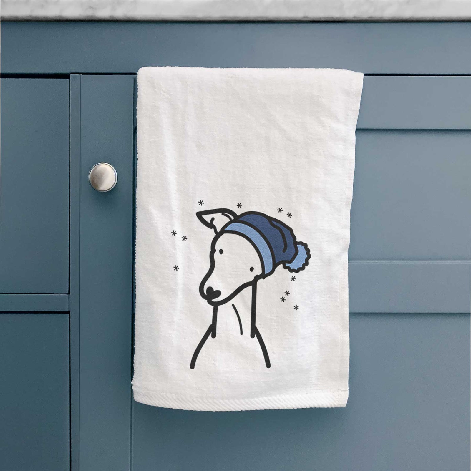 Minimalist line drawing of an Italian Greyhound wearing a winter beanie on a decorative hand towel