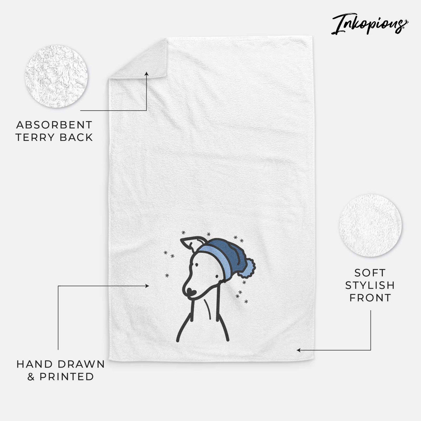 Minimalist line drawing of an Italian Greyhound wearing a winter beanie on a decorative hand towel