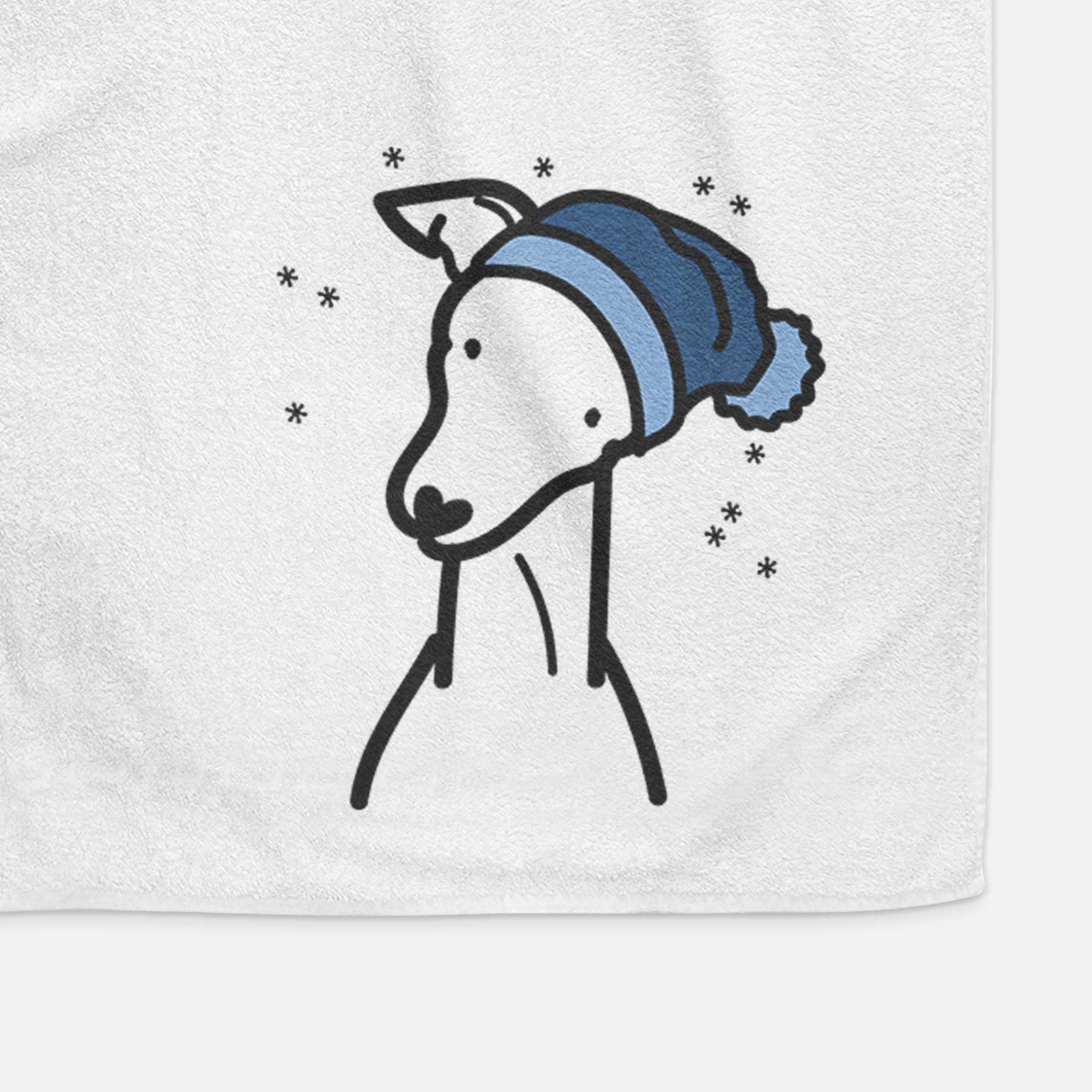 Minimalist line drawing of an Italian Greyhound wearing a winter beanie on a decorative hand towel