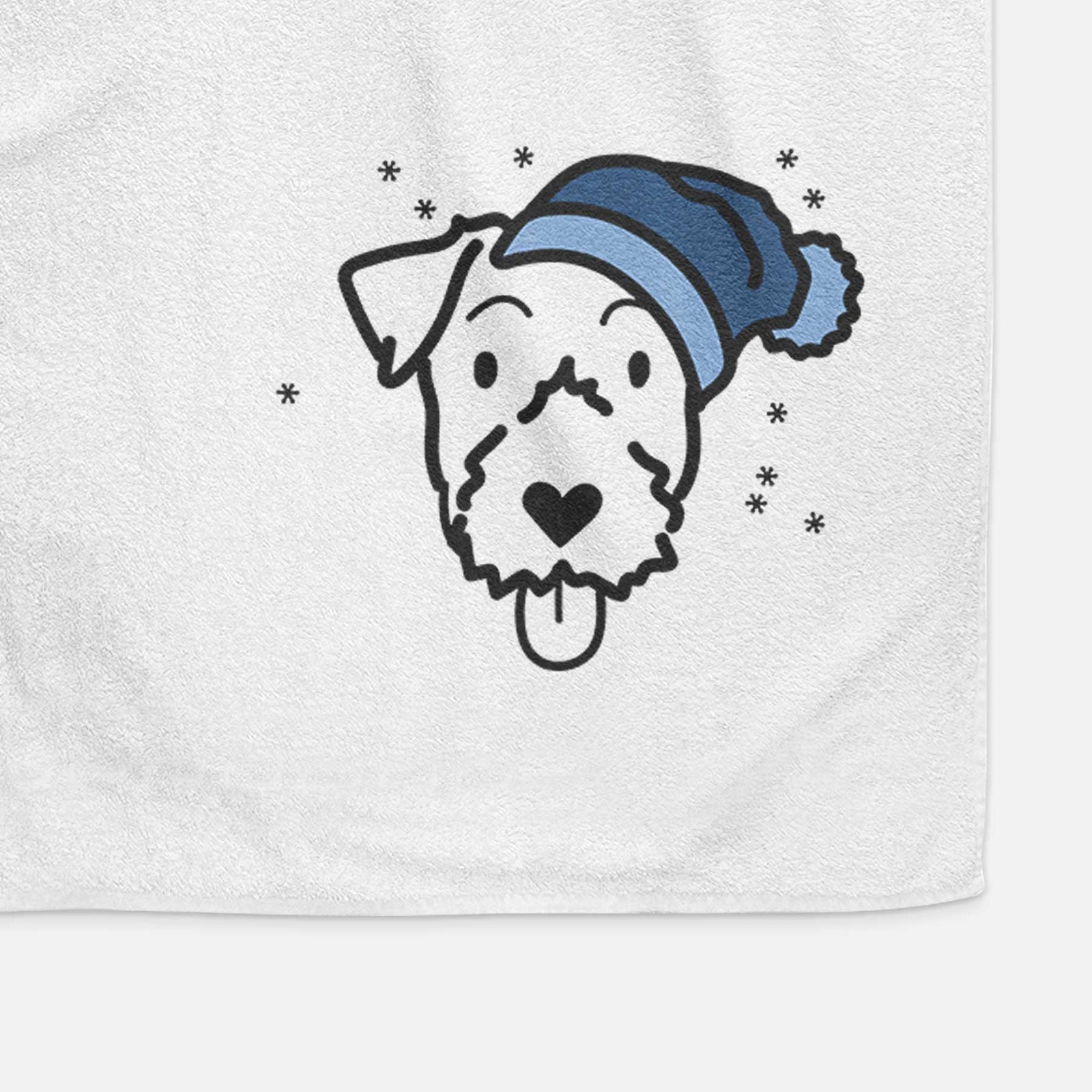 Minimalist line drawing of a Jack Russell Terrier wearing a winter beanie on a decorative hand towel