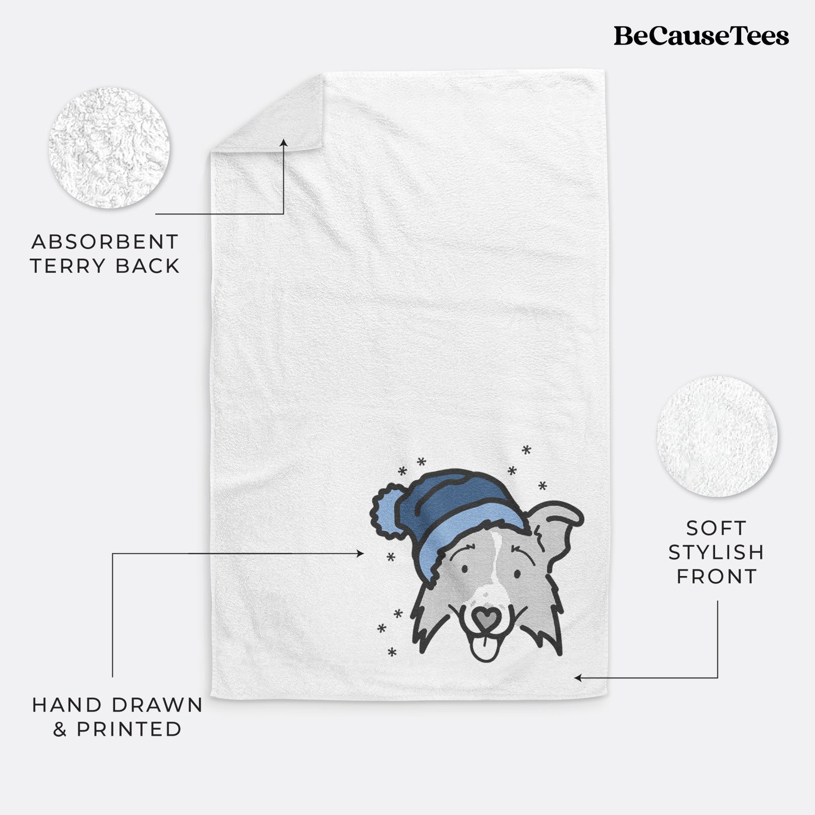 Minimalist line drawing of Jam the Border Collie 2.0 wearing a winter beanie on a decorative hand towel