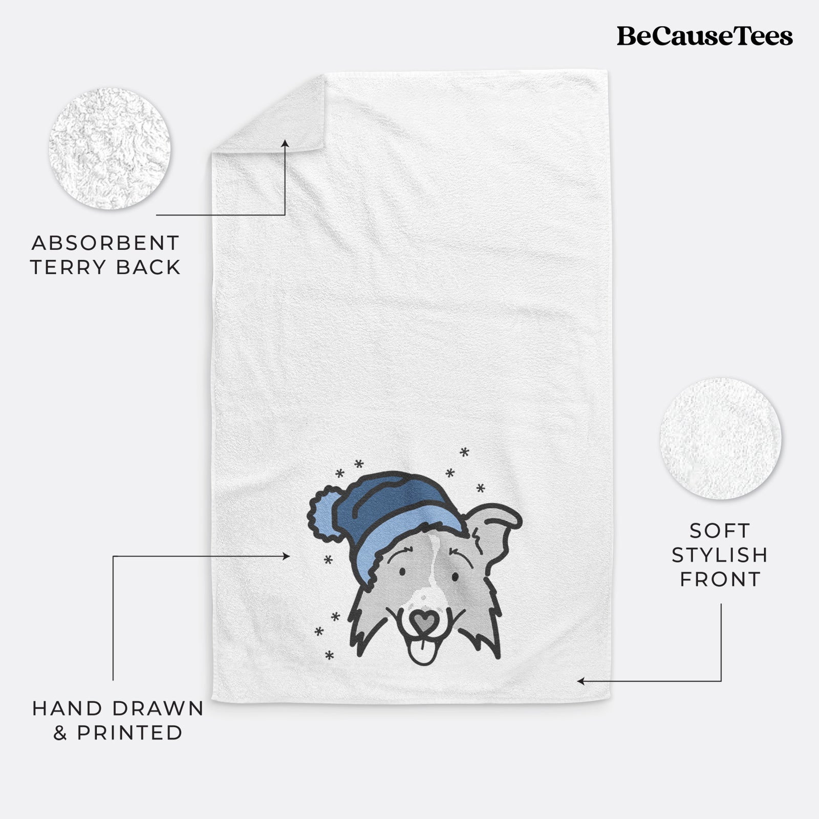 Minimalist line drawing of Jam the Border Collie 2.0 wearing a winter beanie on a decorative hand towel