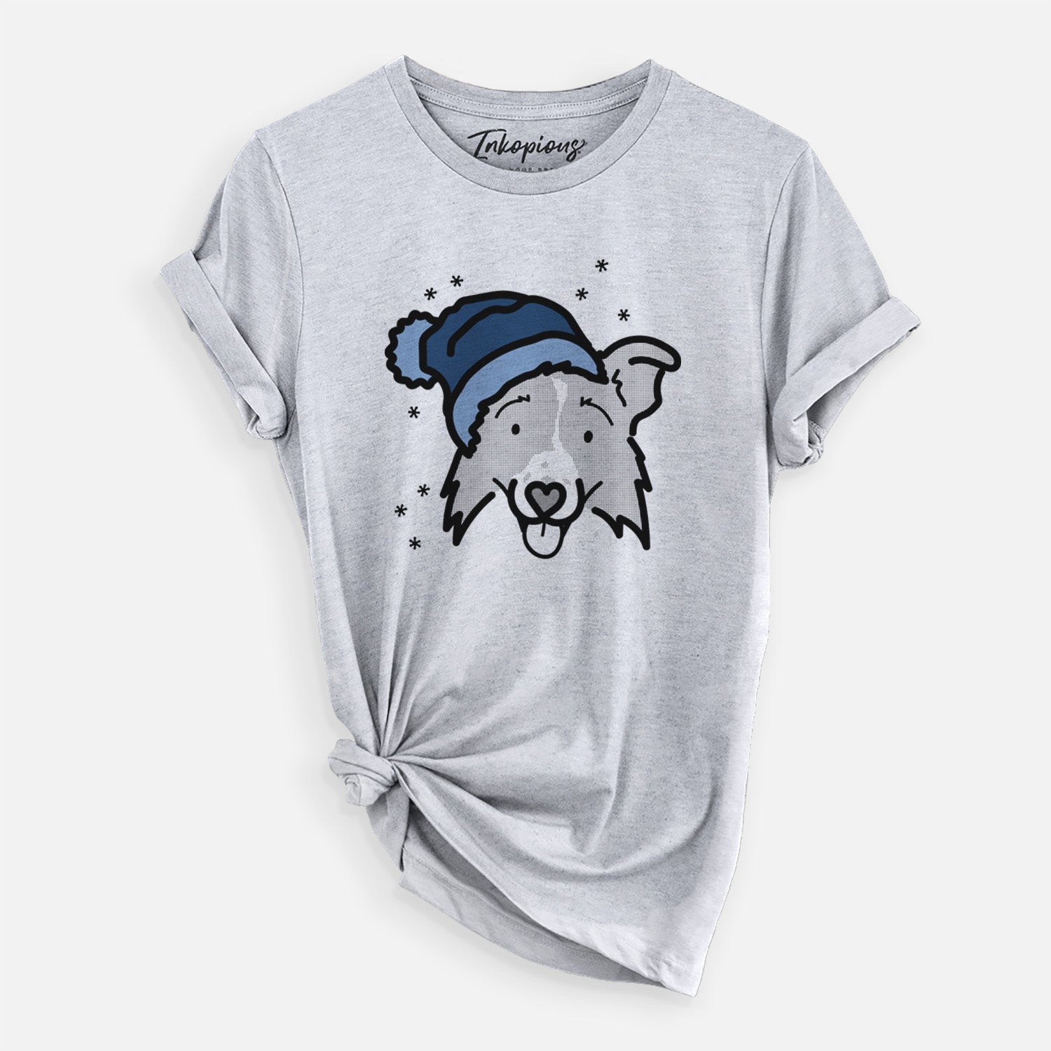Minimalist line drawing of Jam the Border Collie 2.0 wearing a winter beanie on a Grey Unisex crewneck