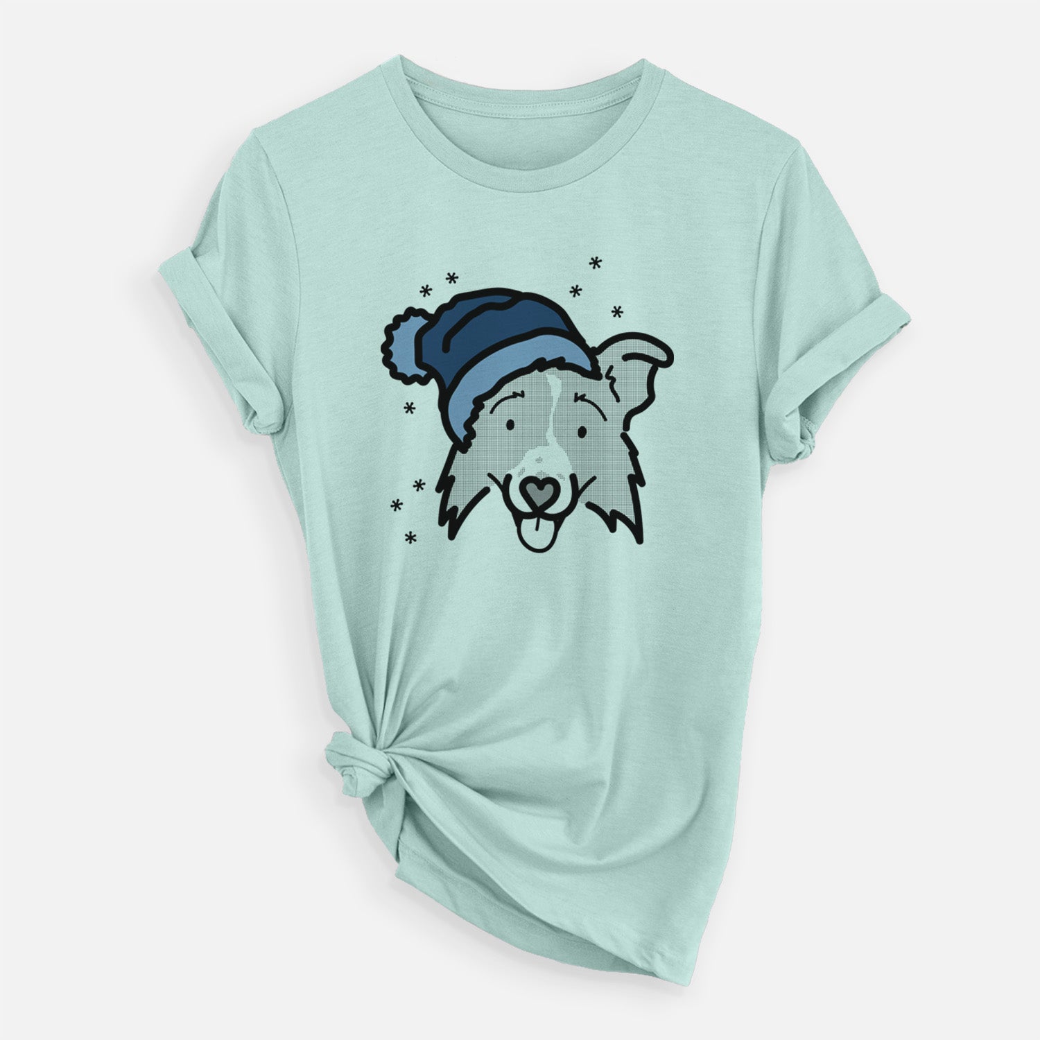 Minimalist line drawing of Jam the Border Collie 2.0 wearing a winter beanie on a Heather Sage Unisex crewneck