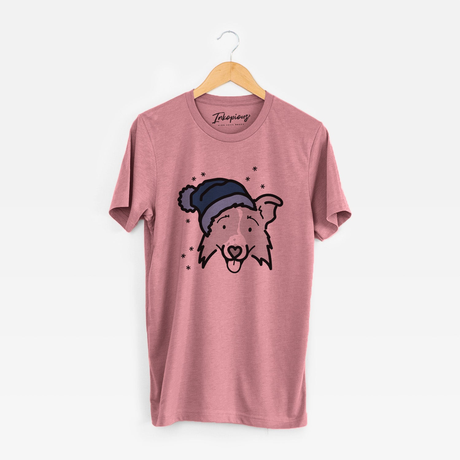 Minimalist line drawing of Jam the Border Collie 2.0 wearing a winter beanie on a Mauve Unisex crewneck