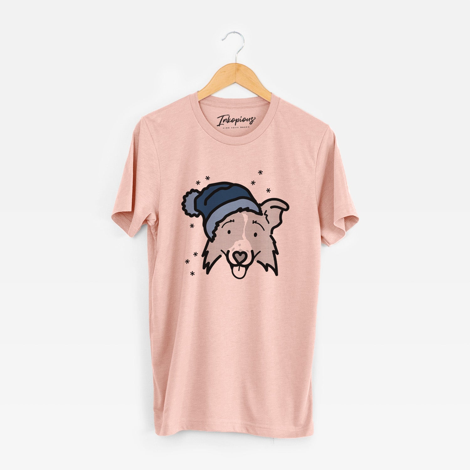 Minimalist line drawing of Jam the Border Collie 2.0 wearing a winter beanie on a Peach Unisex crewneck