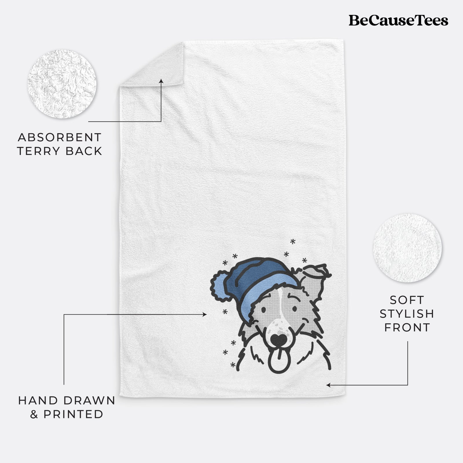 Minimalist line drawing of Jam the Border Collie wearing a winter beanie on a decorative hand towel