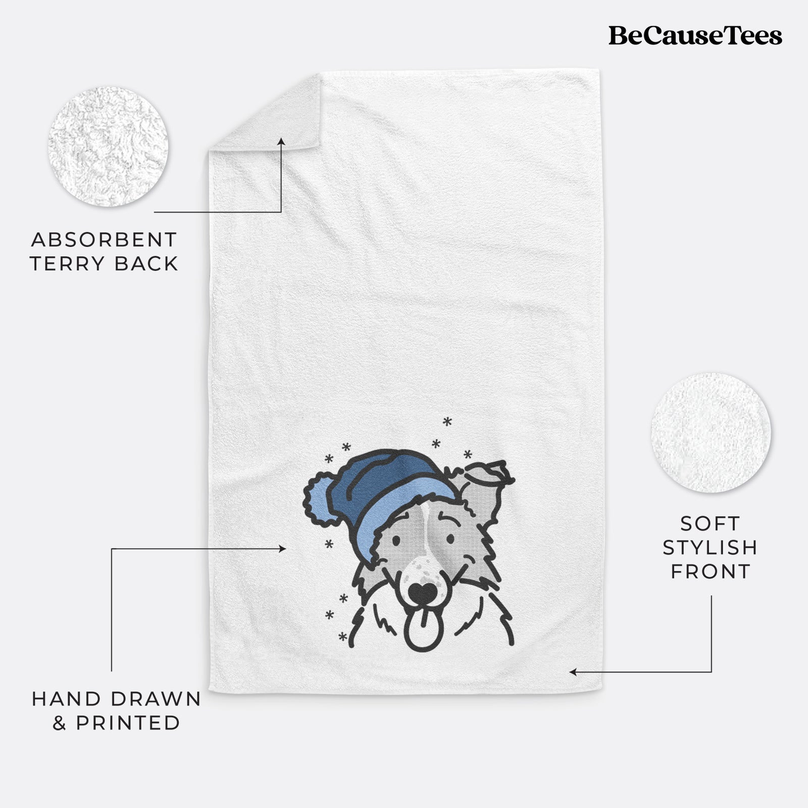 Minimalist line drawing of Jam the Border Collie wearing a winter beanie on a decorative hand towel