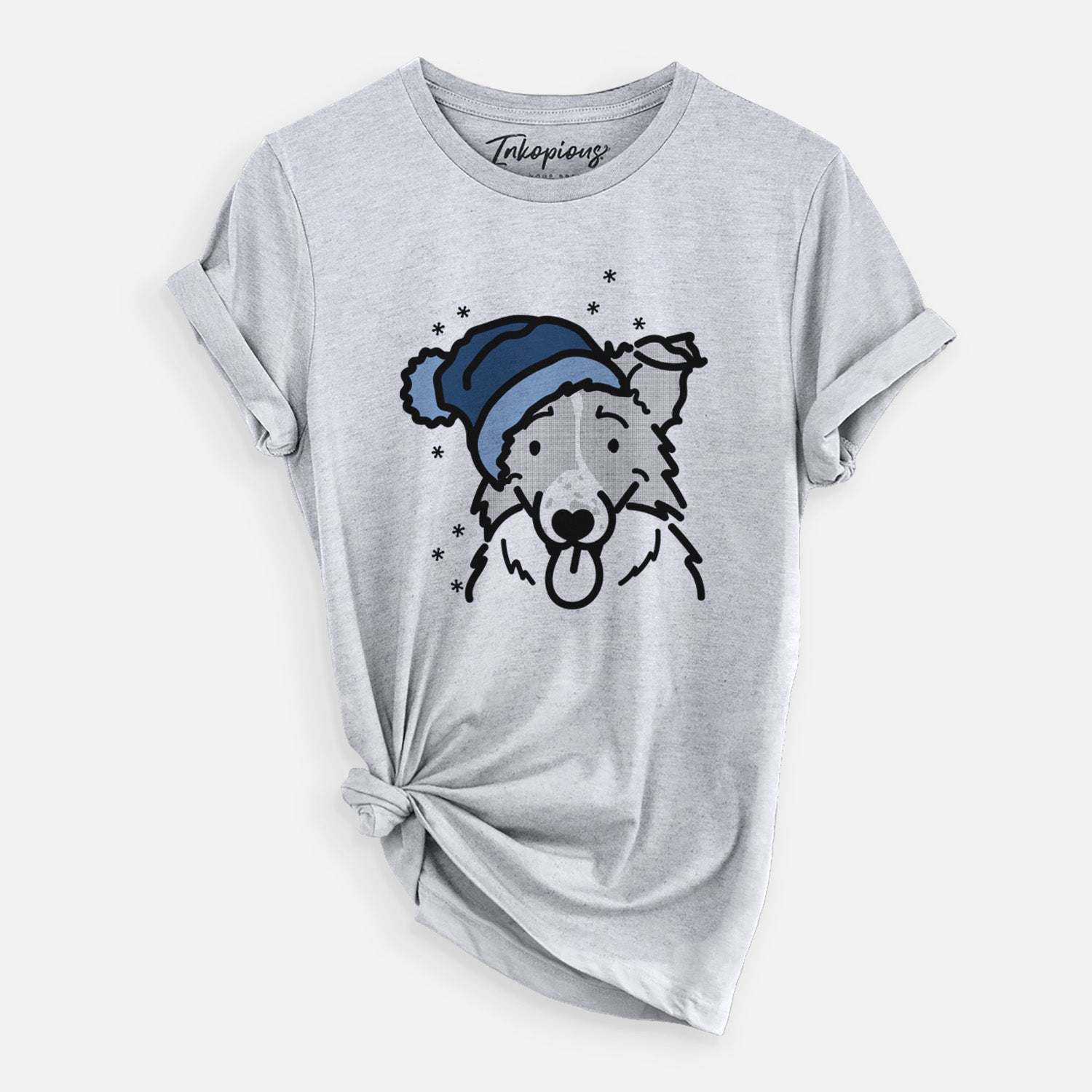 Minimalist line drawing of Jam the Border Collie wearing a winter beanie on a Grey Unisex crewneck
