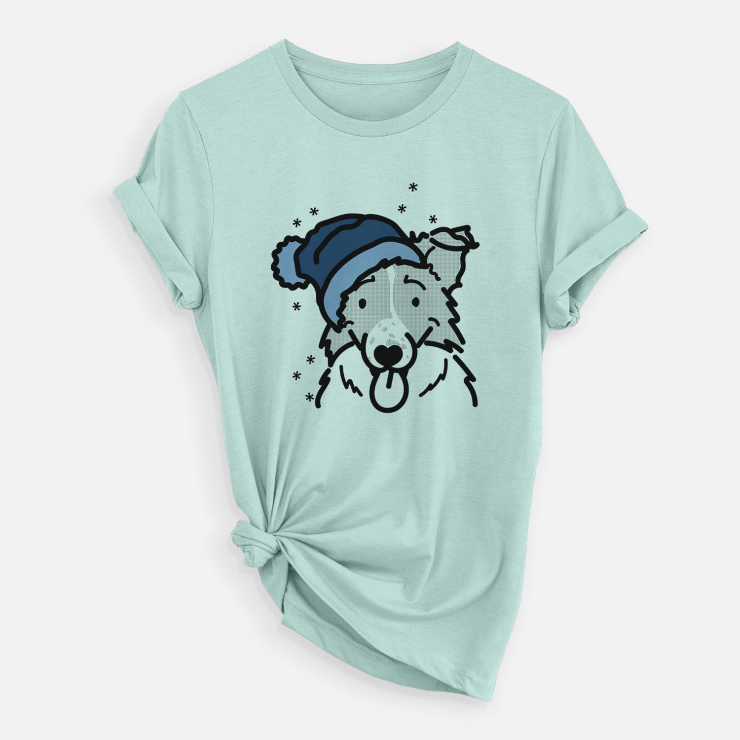 Minimalist line drawing of Jam the Border Collie wearing a winter beanie on a Heather Sage Unisex crewneck
