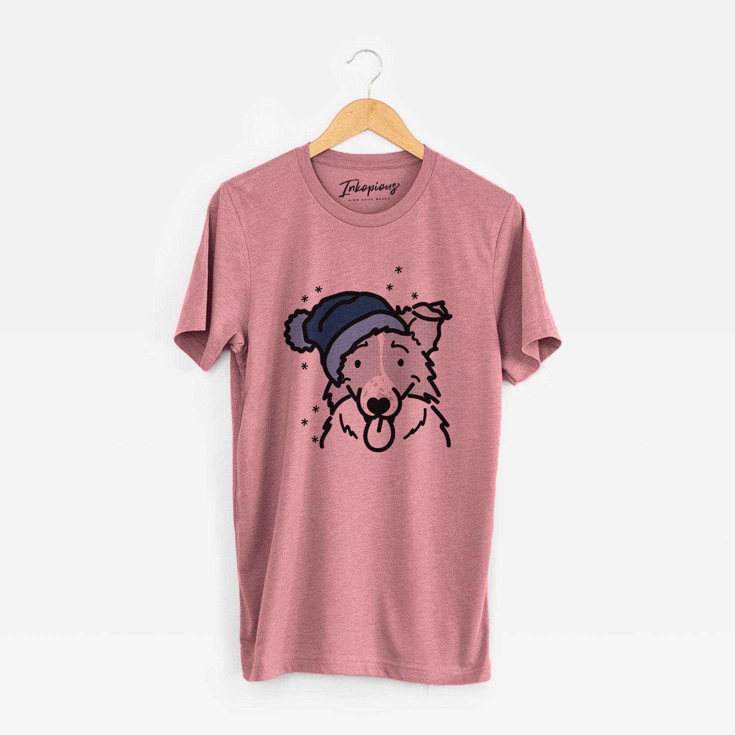 Minimalist line drawing of Jam the Border Collie wearing a winter beanie on a Mauve Unisex crewneck