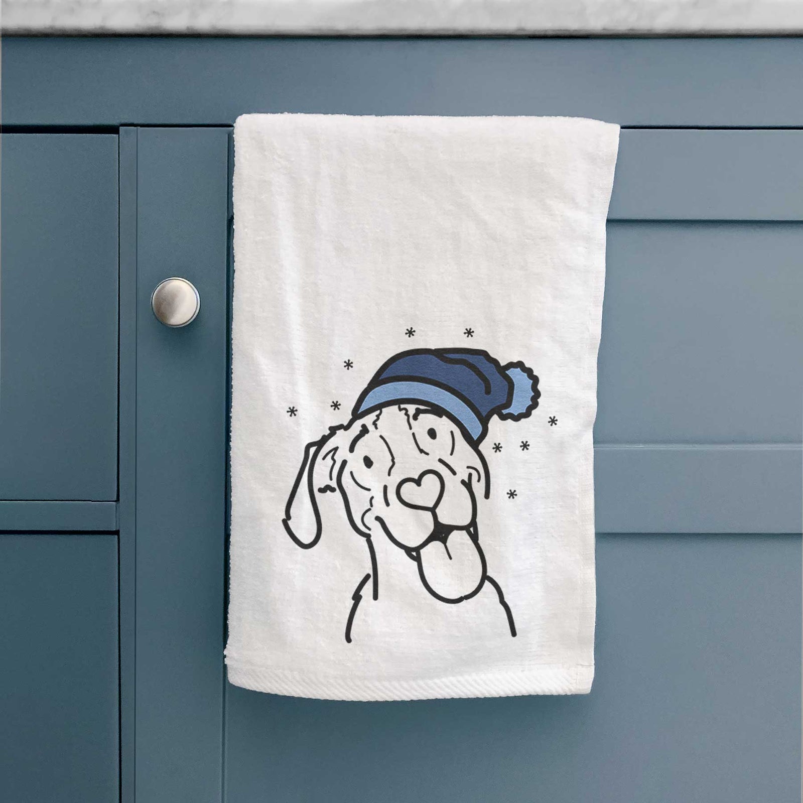 Minimalist line drawing of Kimble the Treeing Walker Coonhound wearing a winter beanie on a decorative hand towel