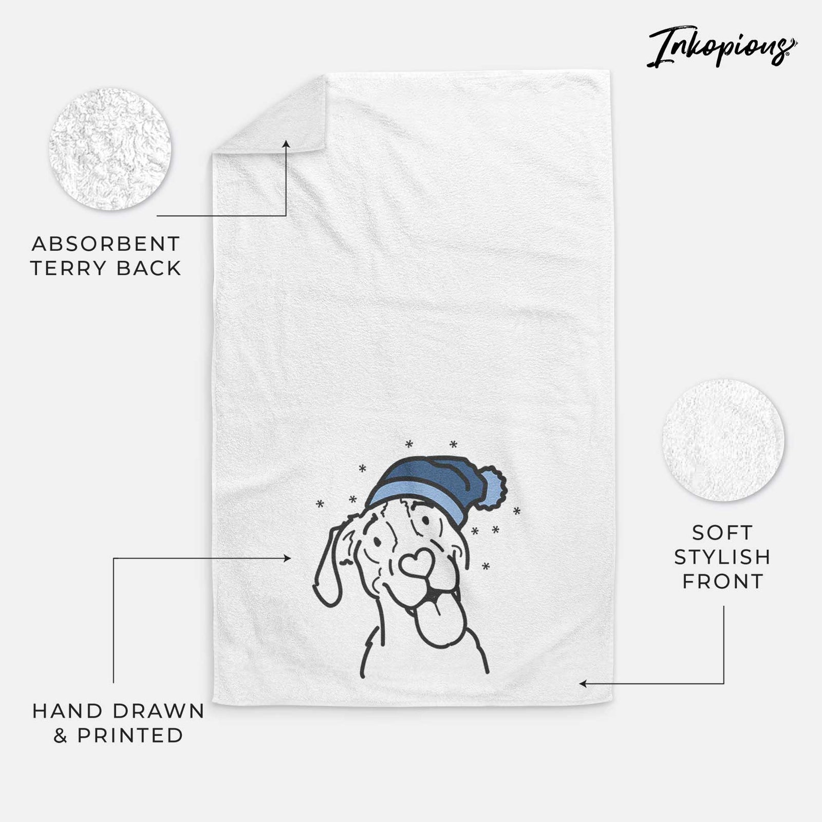 Minimalist line drawing of Kimble the Treeing Walker Coonhound wearing a winter beanie on a decorative hand towel