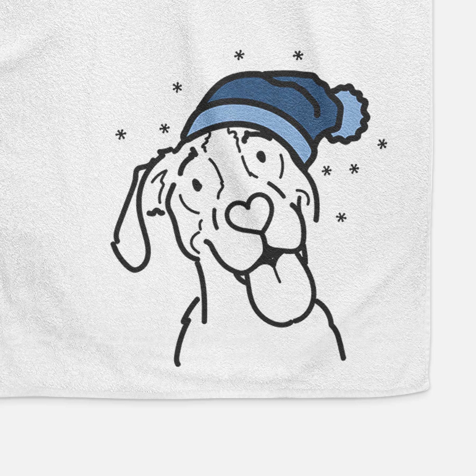 Minimalist line drawing of Kimble the Treeing Walker Coonhound wearing a winter beanie on a decorative hand towel