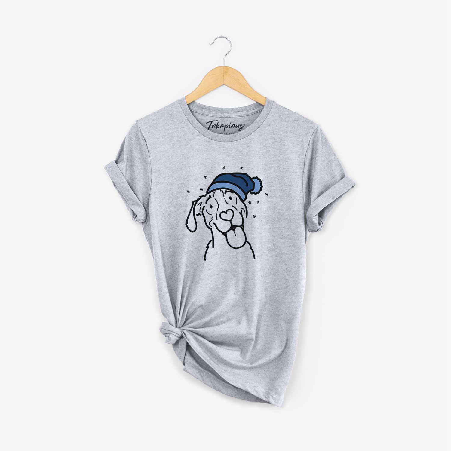 Minimalist line drawing of Kimble the Treeing Walker Coonhound wearing a winter beanie on a Grey Unisex crewneck