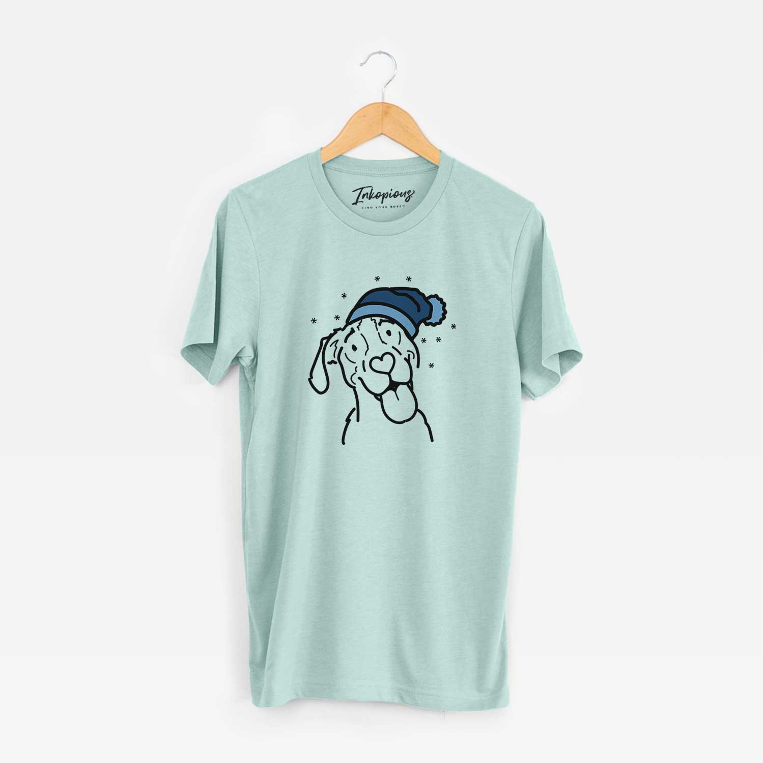Minimalist line drawing of Kimble the Treeing Walker Coonhound wearing a winter beanie on a Heather Sage Unisex crewneck