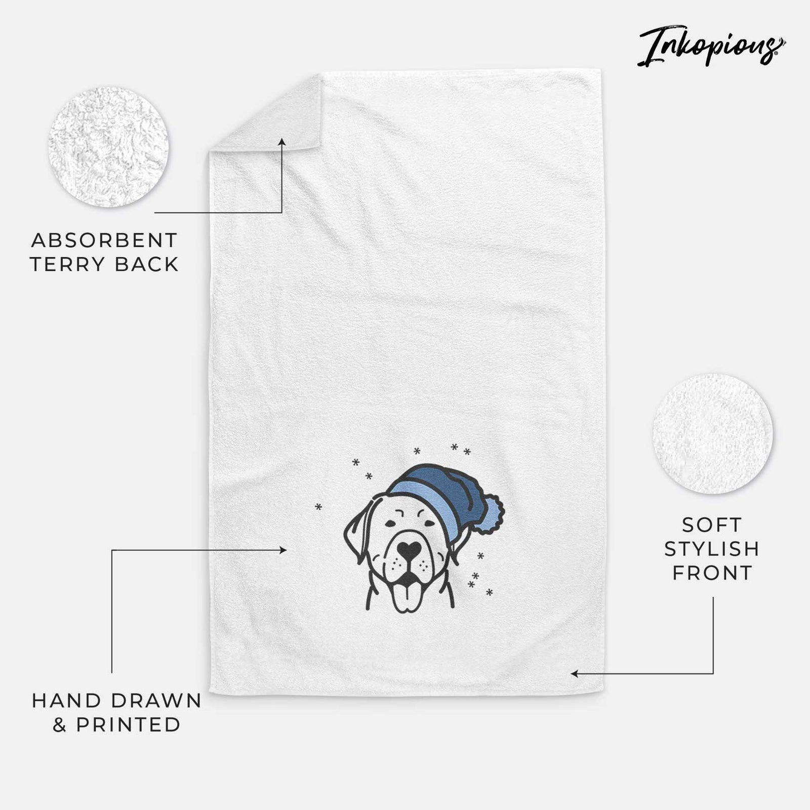 Minimalist line drawing of a Labrador Retriever wearing a winter beanie on a decorative hand towel