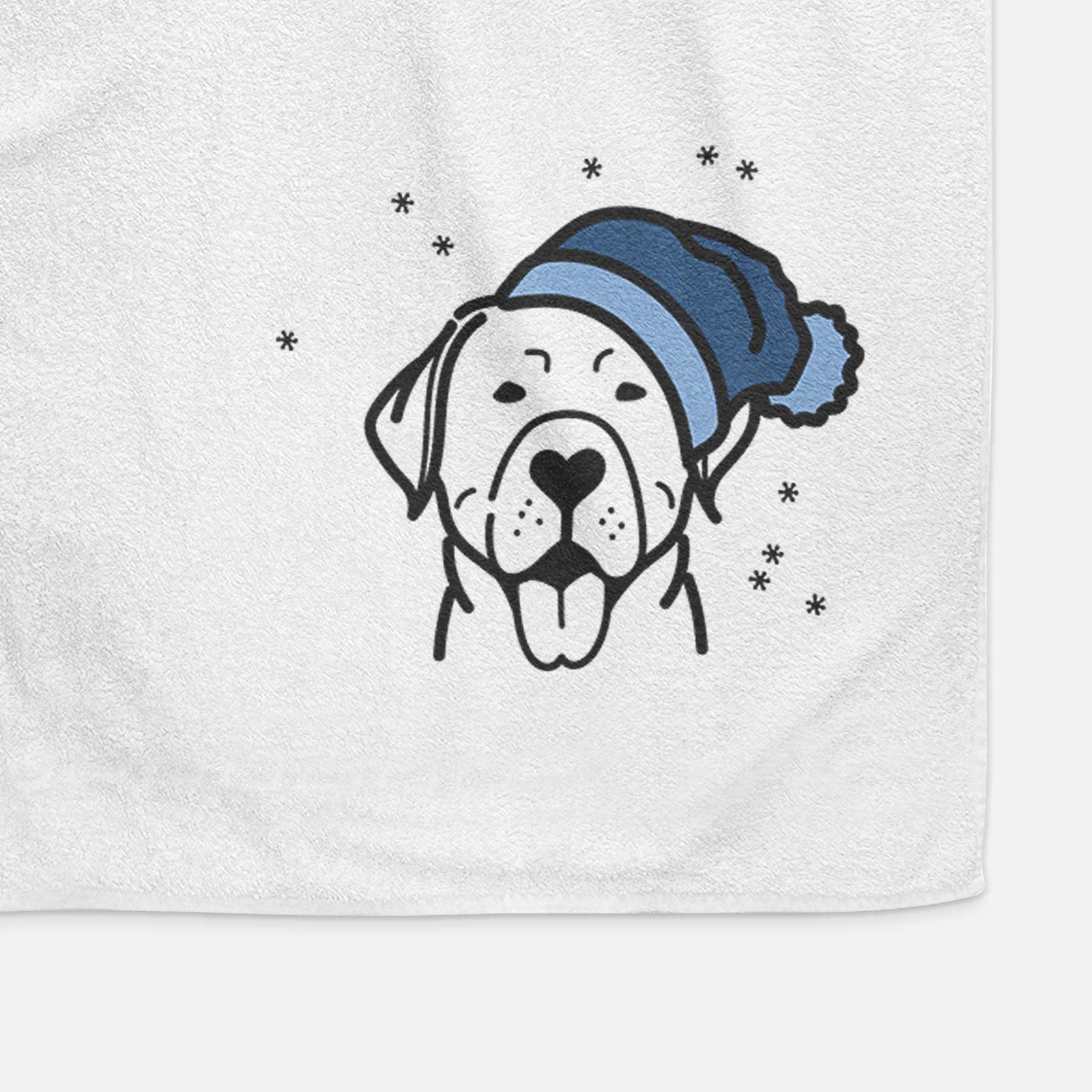 Minimalist line drawing of a Labrador Retriever wearing a winter beanie on a decorative hand towel
