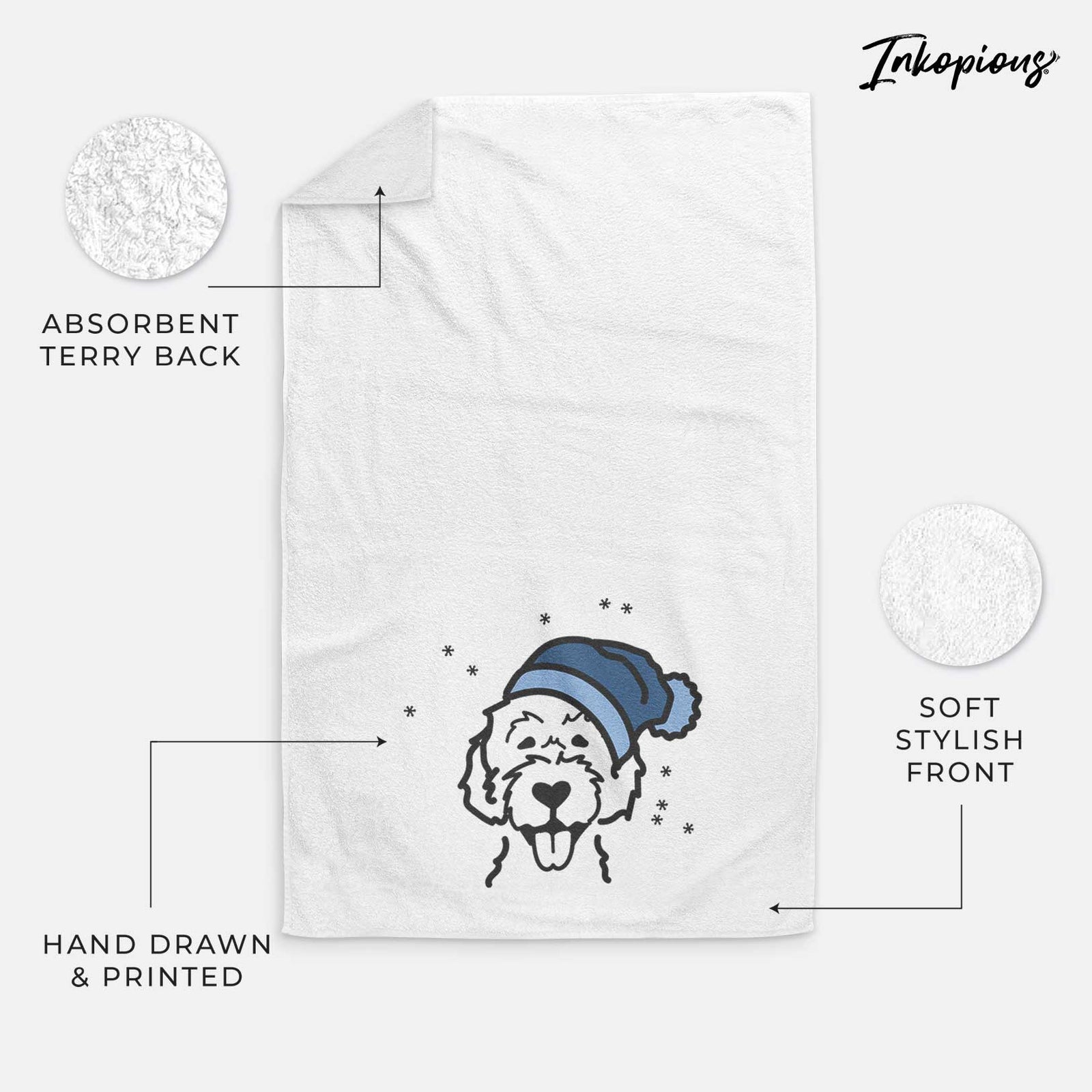 Minimalist line drawing of a Labradoodle wearing a winter beanie on a decorative hand towel