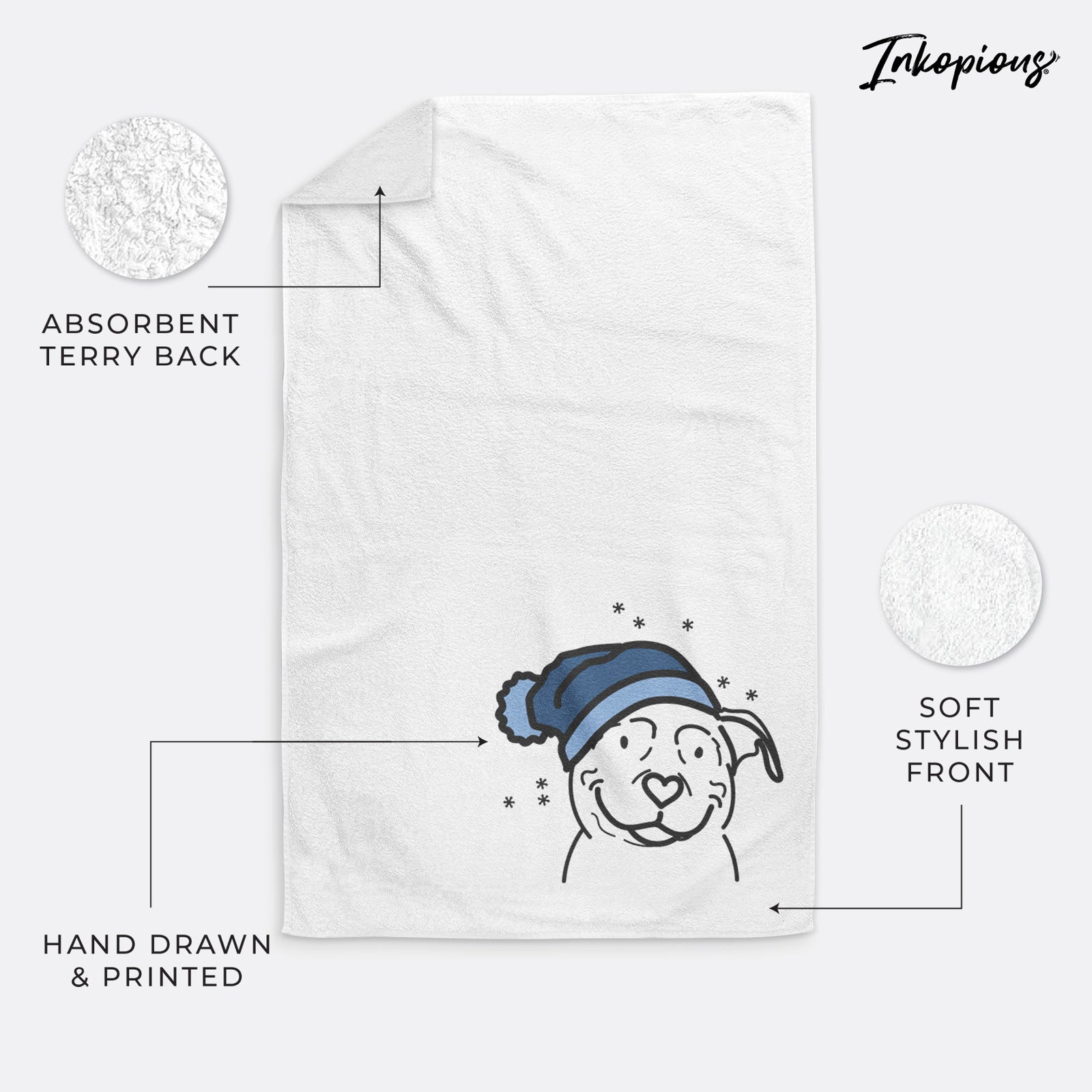 Minimalist line drawing of Lady the American Pitbull Terrier wearing a winter beanie on a decorative hand towel