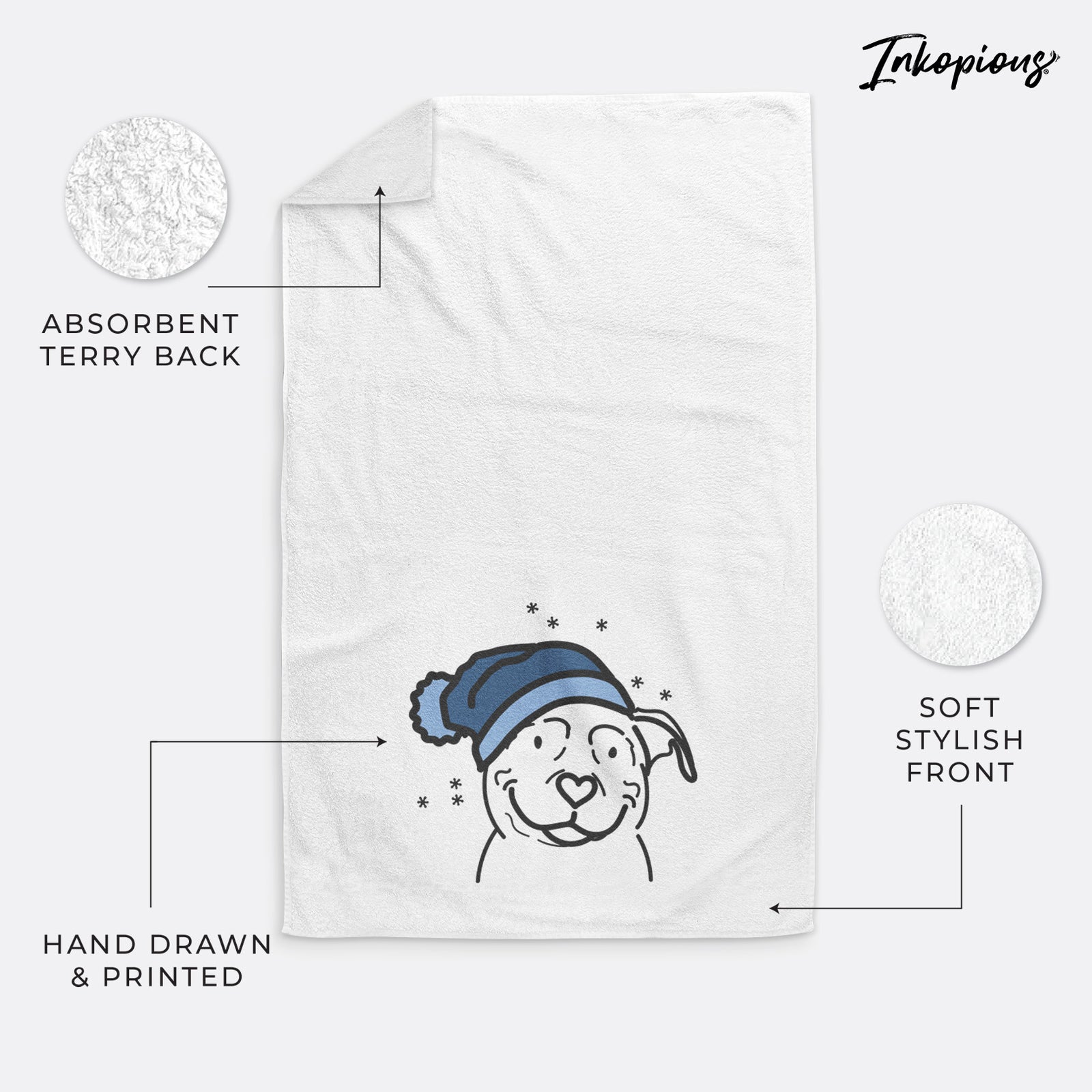 Minimalist line drawing of Lady the American Pitbull Terrier wearing a winter beanie on a decorative hand towel