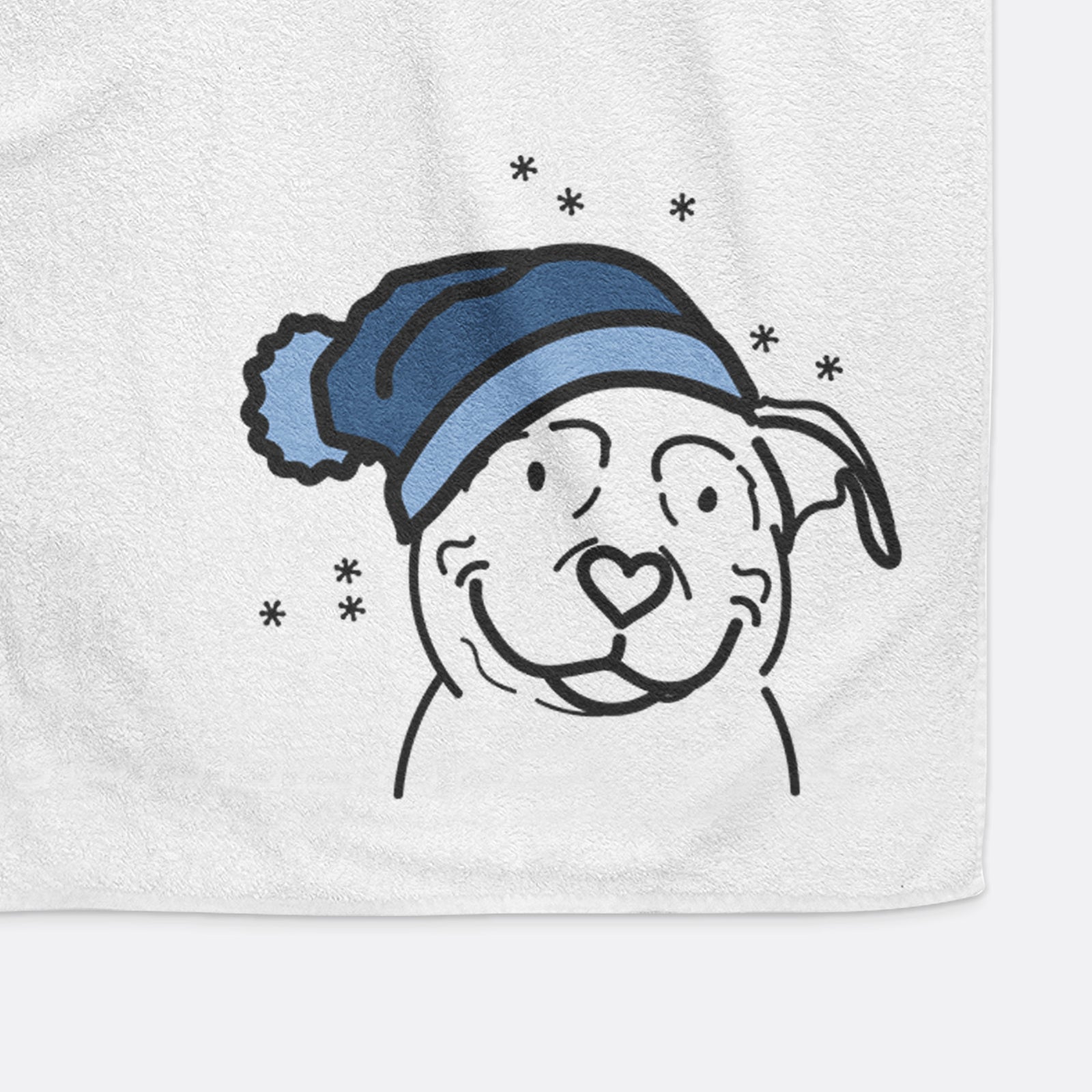 Minimalist line drawing of Lady the American Pitbull Terrier wearing a winter beanie on a decorative hand towel