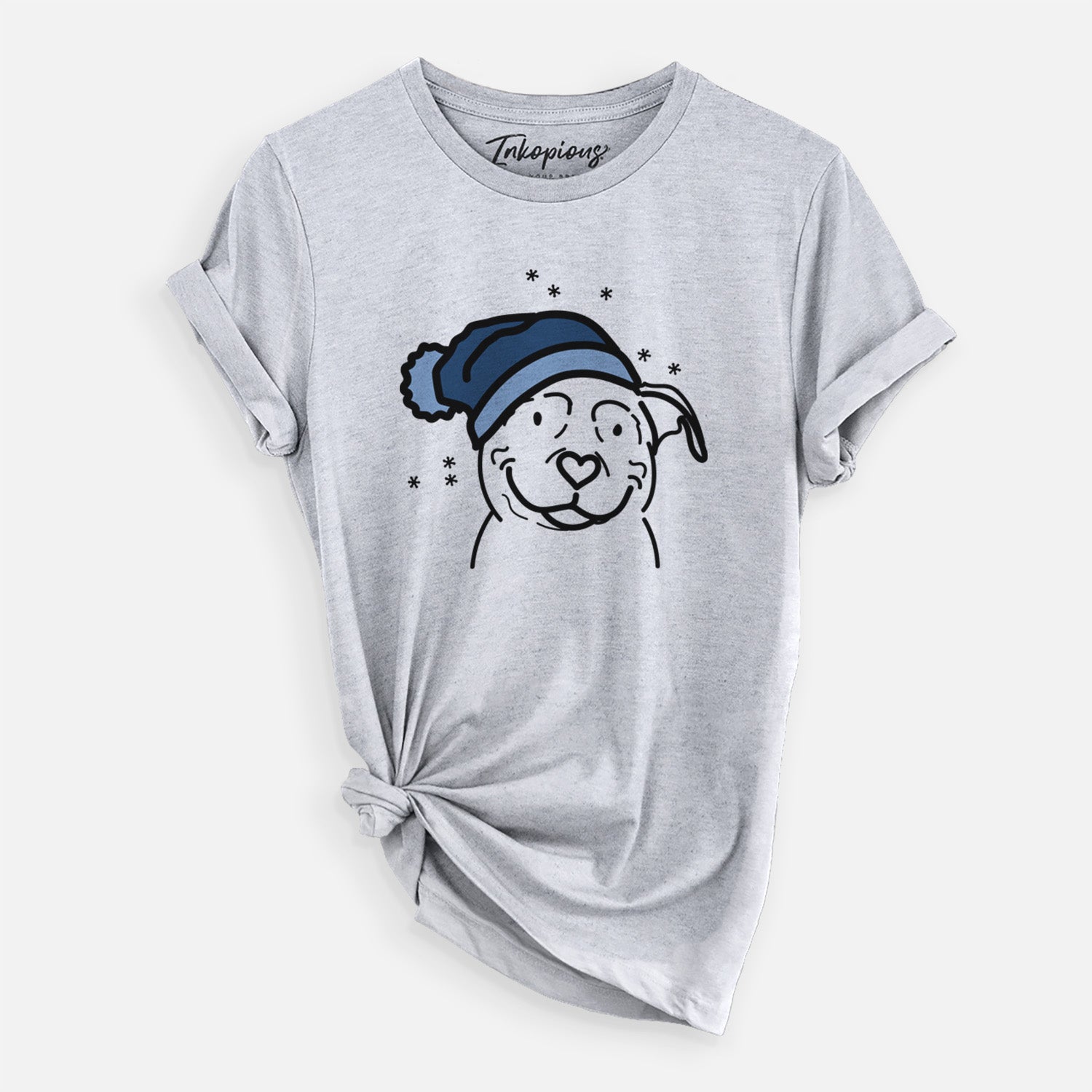 Minimalist line drawing of Lady the American Pitbull Terrier wearing a winter beanie on a Grey Unisex crewneck